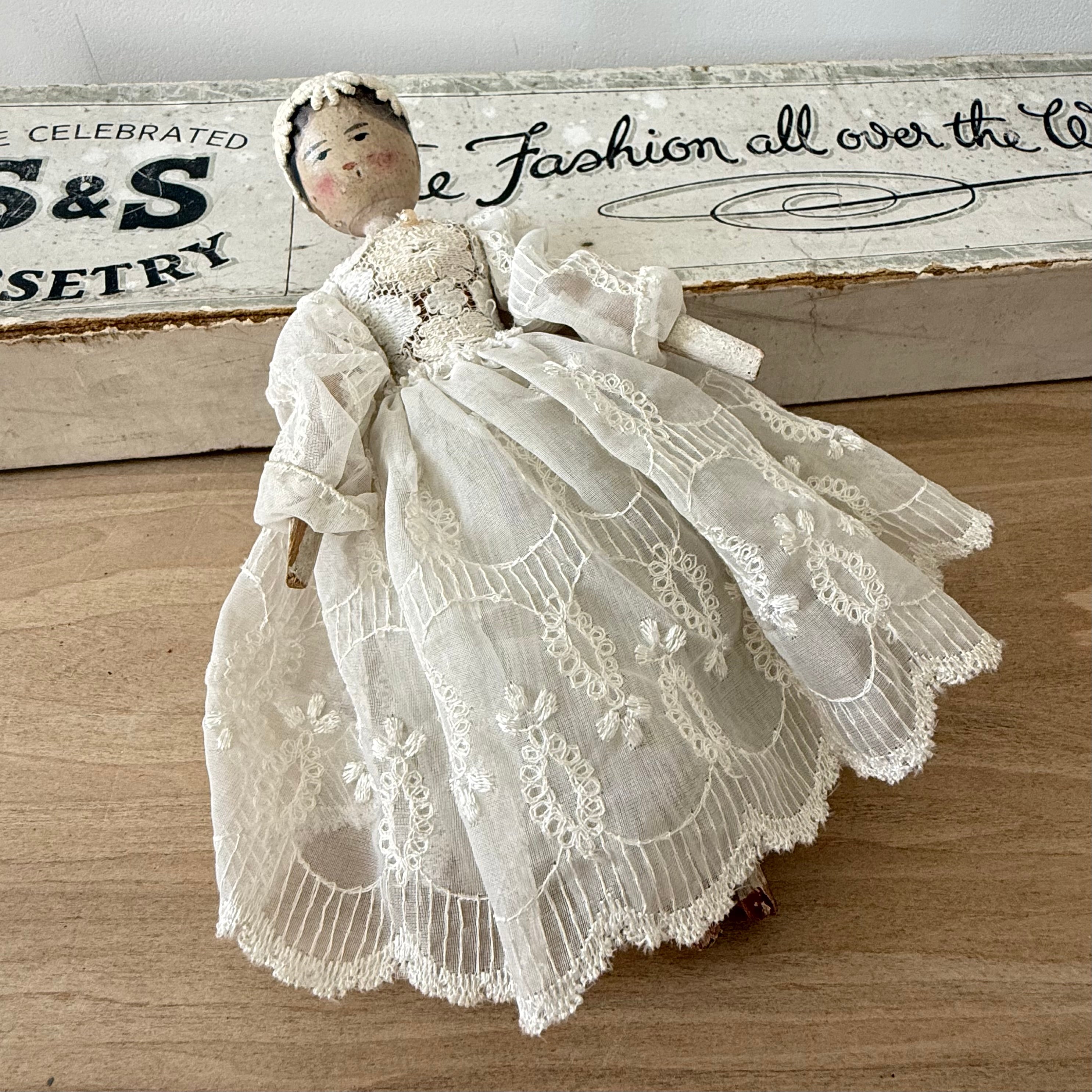 Antique Edwardian Handmade Lace Dress Peg Doll Folk Art c1910
