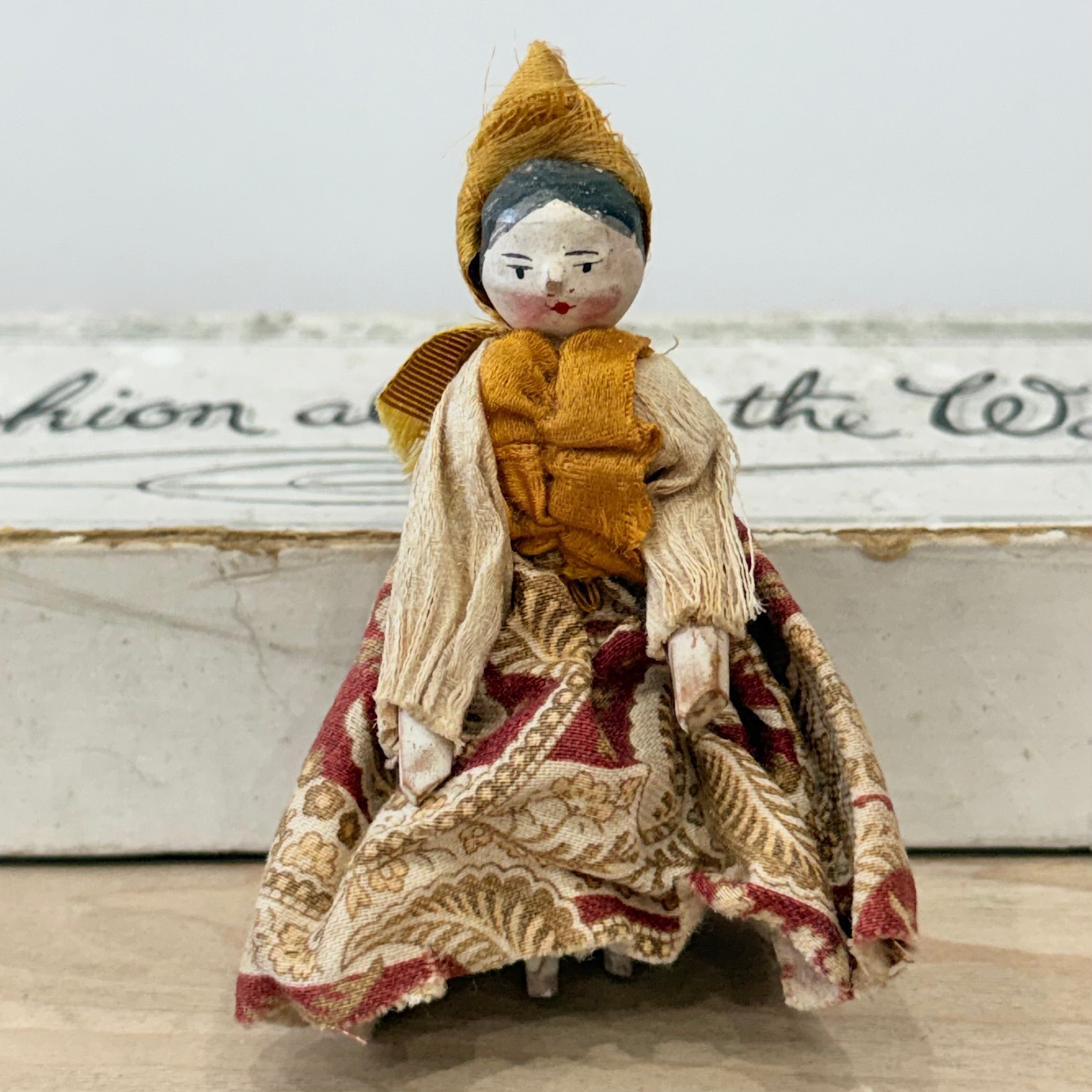 Antique Miniature Wooden Peg Doll Hand Painted Folk Costume c1900