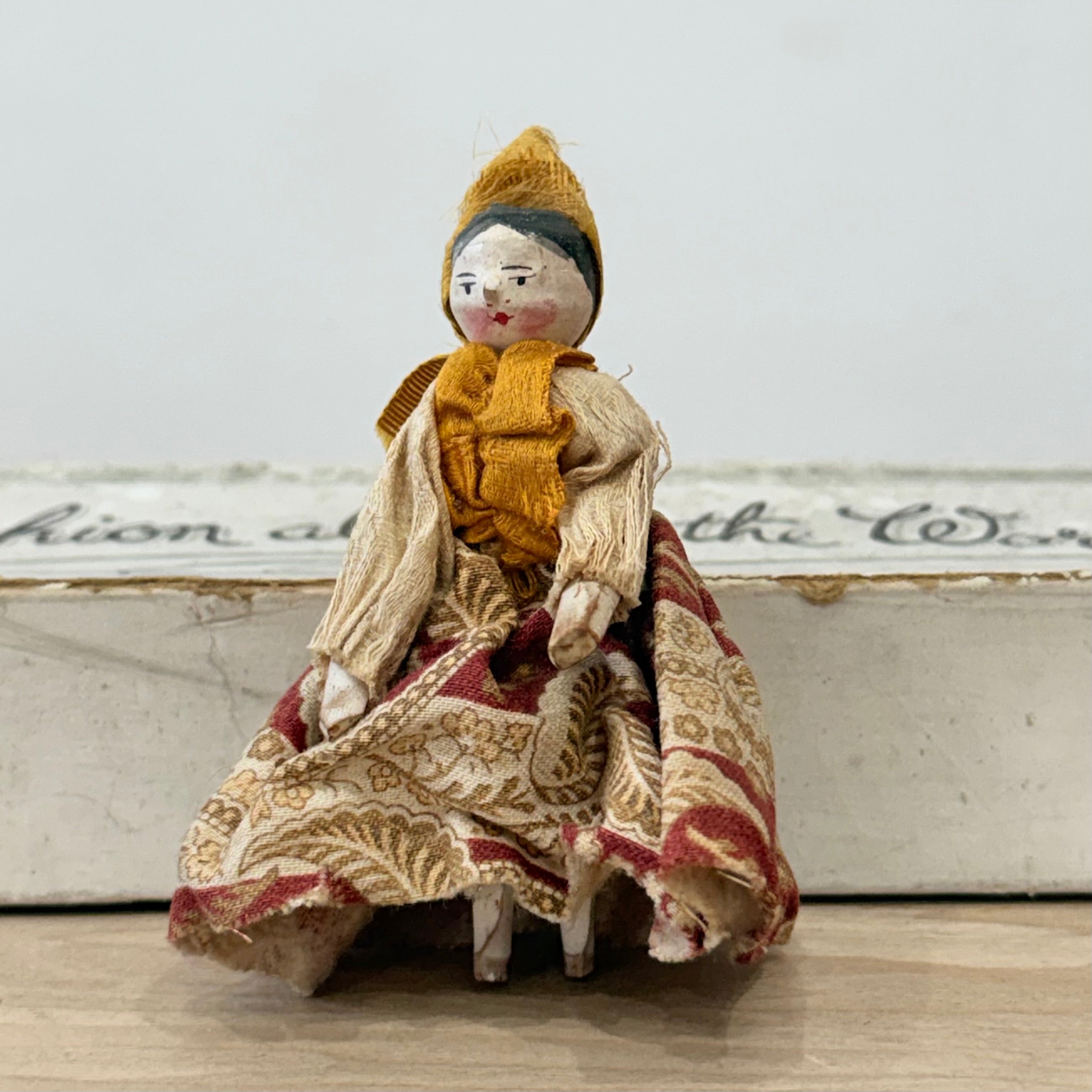 Antique Miniature Wooden Peg Doll Hand Painted Folk Costume c1900