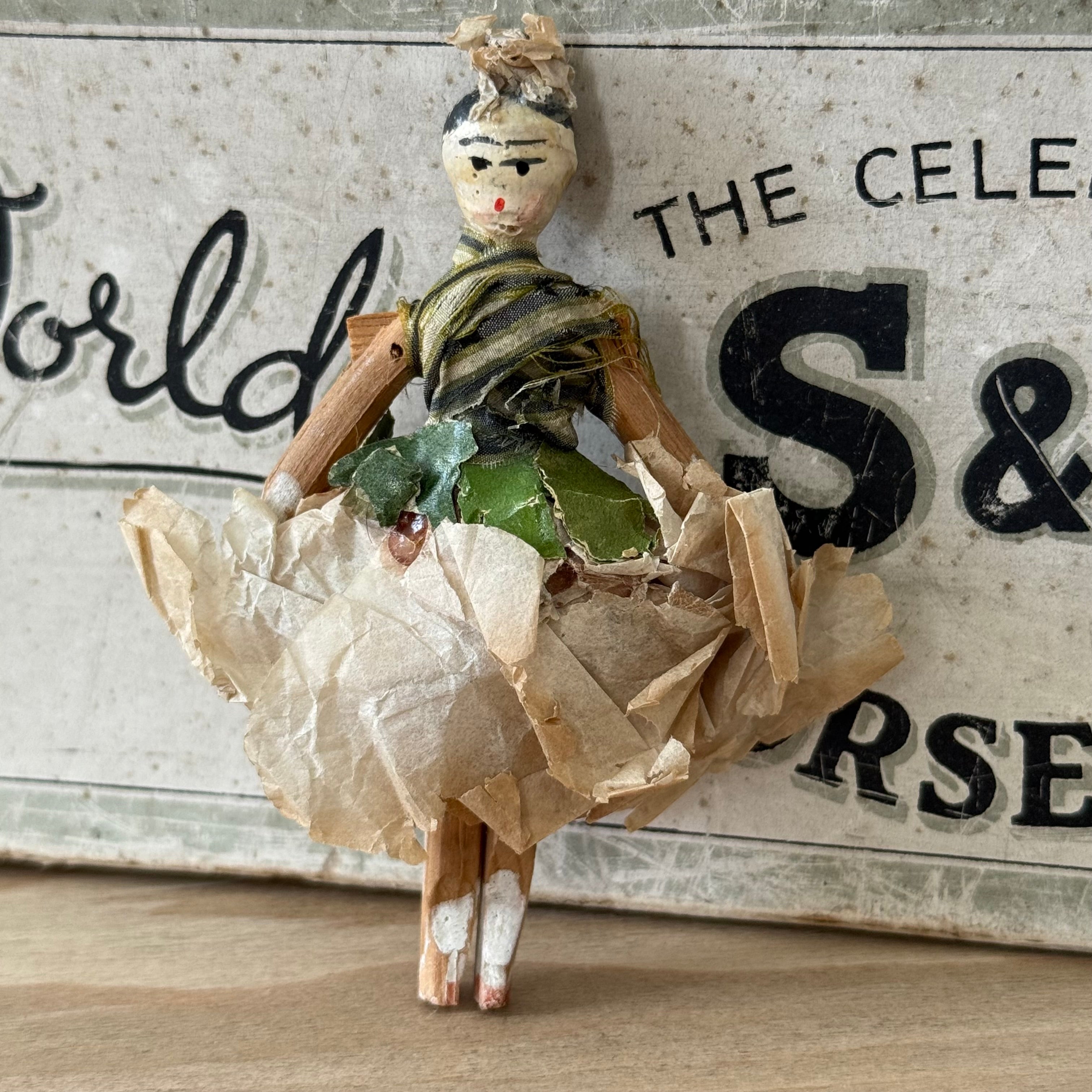 Antique Miniature Peg Doll Paper Dress Folk Art Hand Painted c1920