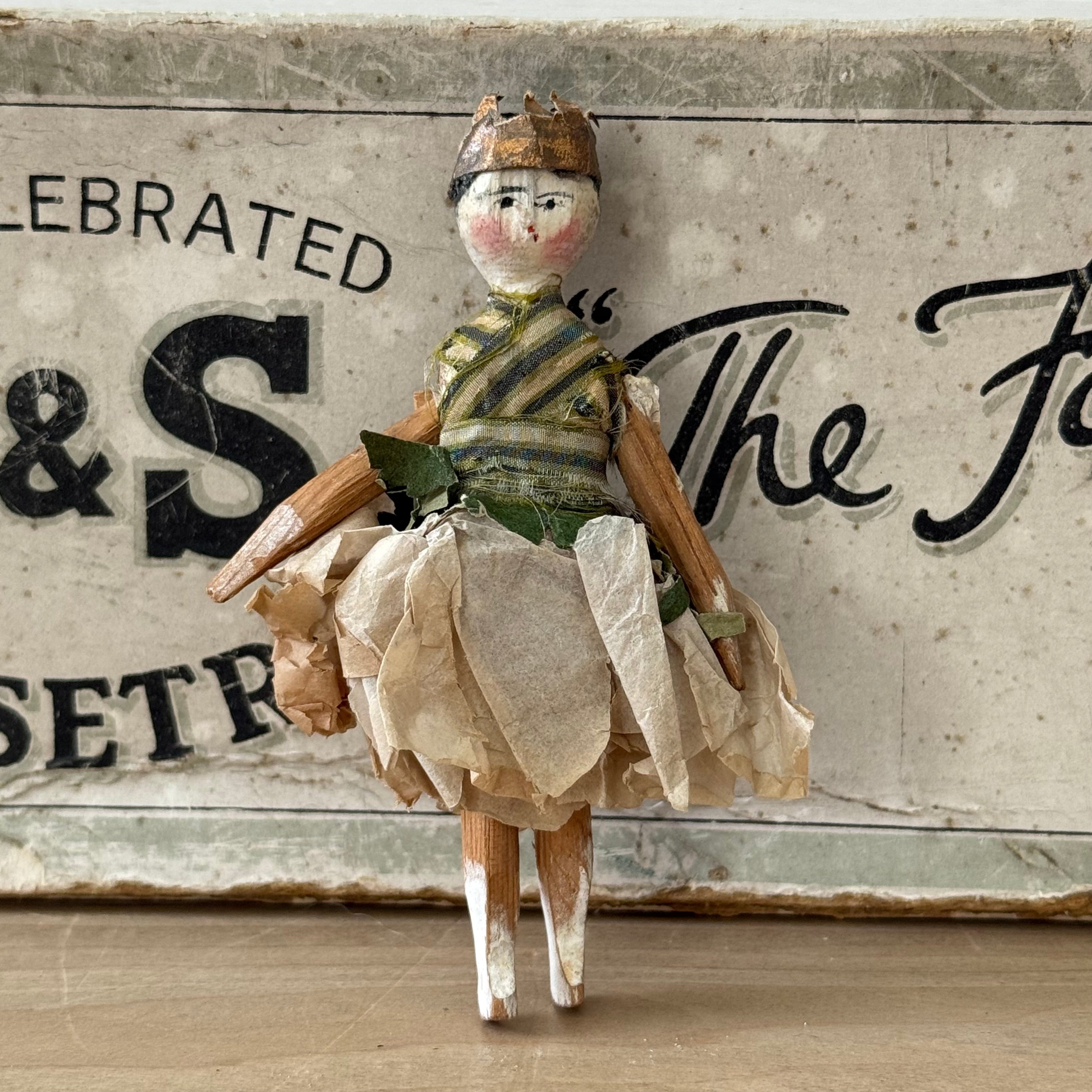 Antique Miniature Peg Doll Paper Dress Folk Art Hand Painted c1920