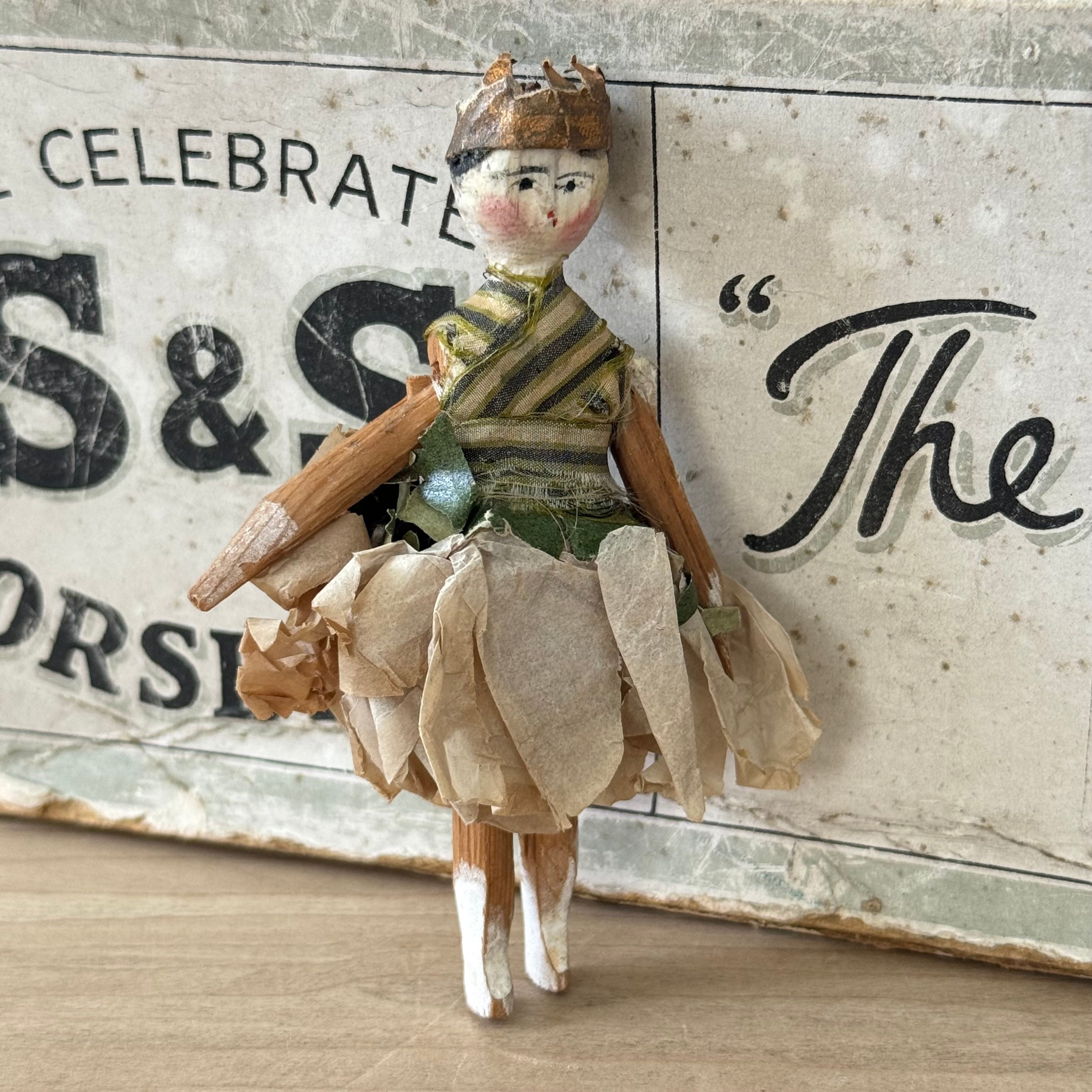 Antique Miniature Peg Doll Paper Dress Folk Art Hand Painted c1920