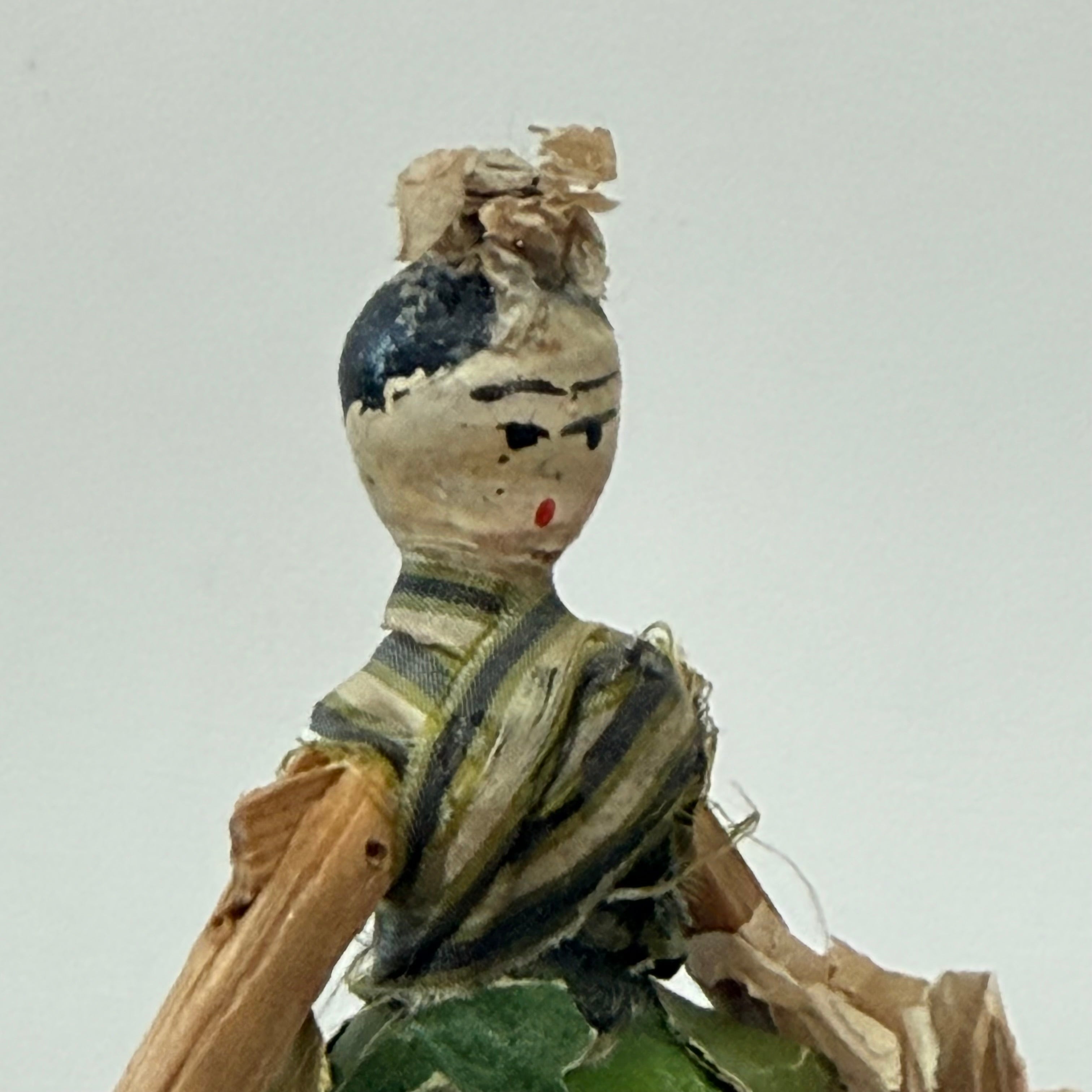 Antique Miniature Peg Doll Paper Dress Folk Art Hand Painted c1920