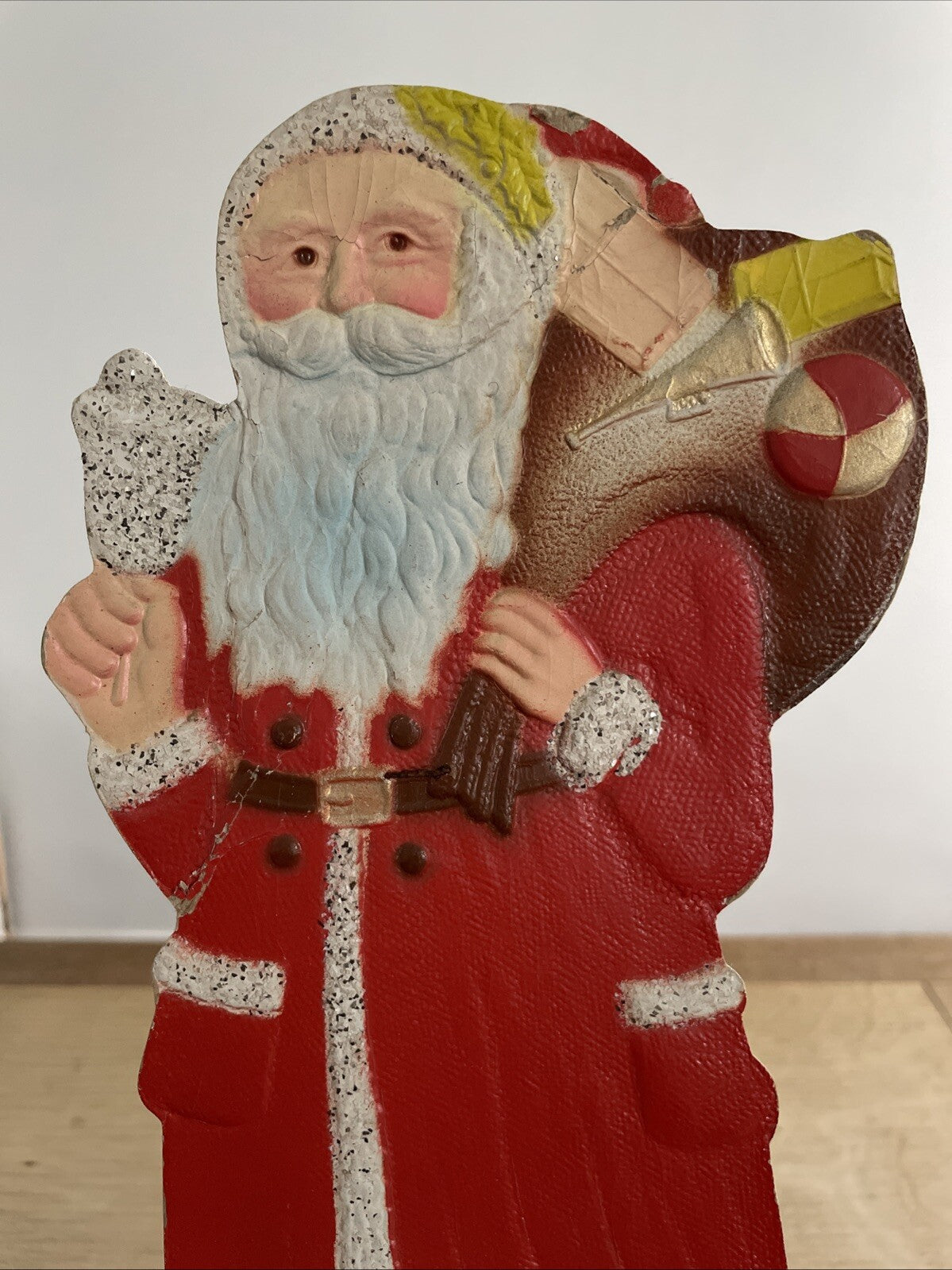 Antique Die Cut Santa Christmas Standee Embossed Pressed British Made - 27.7cm