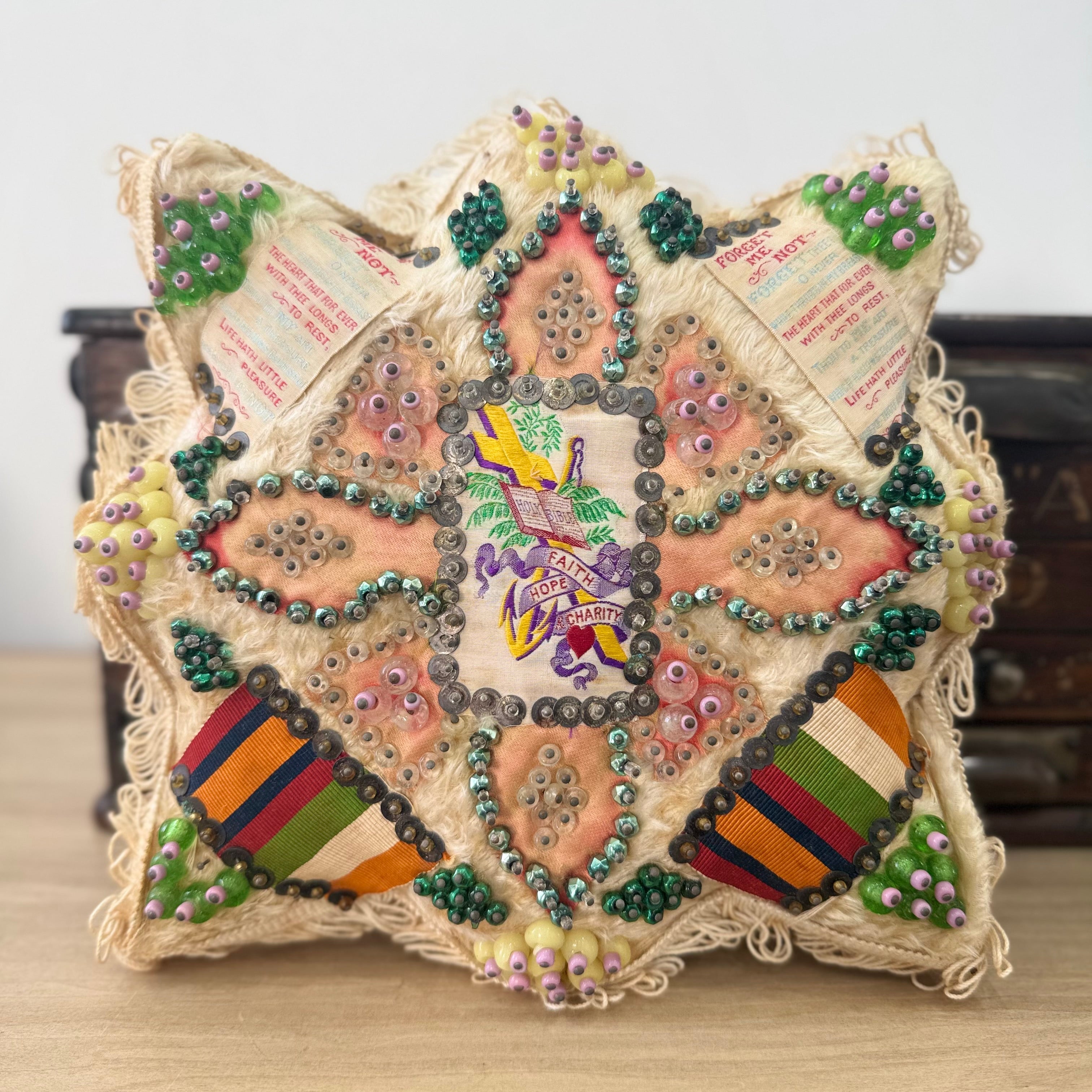 WWI Sweetheart Pin Cushion Beaded Star Faith Hope Charity Ribbons