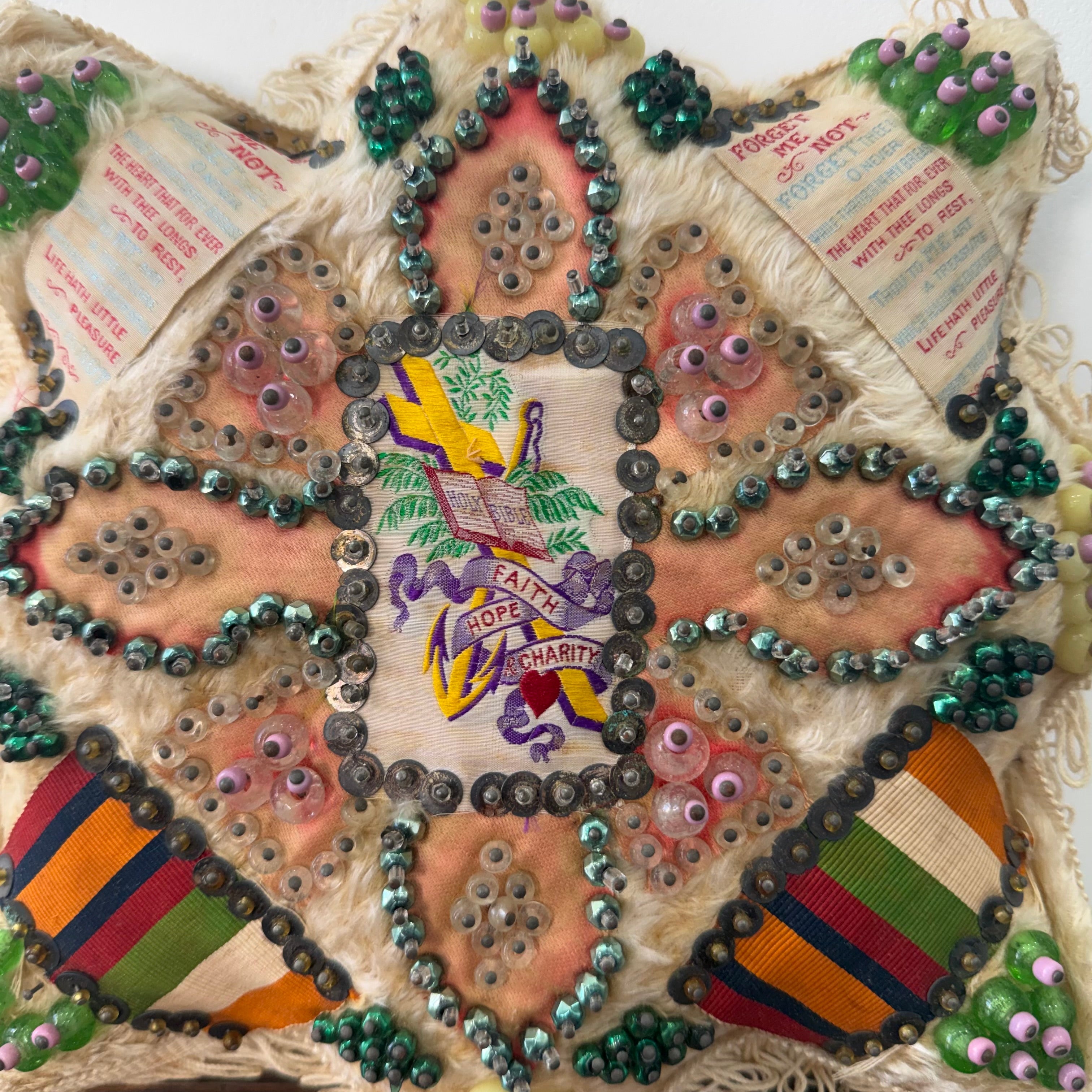 WWI Sweetheart Pin Cushion Beaded Star Faith Hope Charity Ribbons