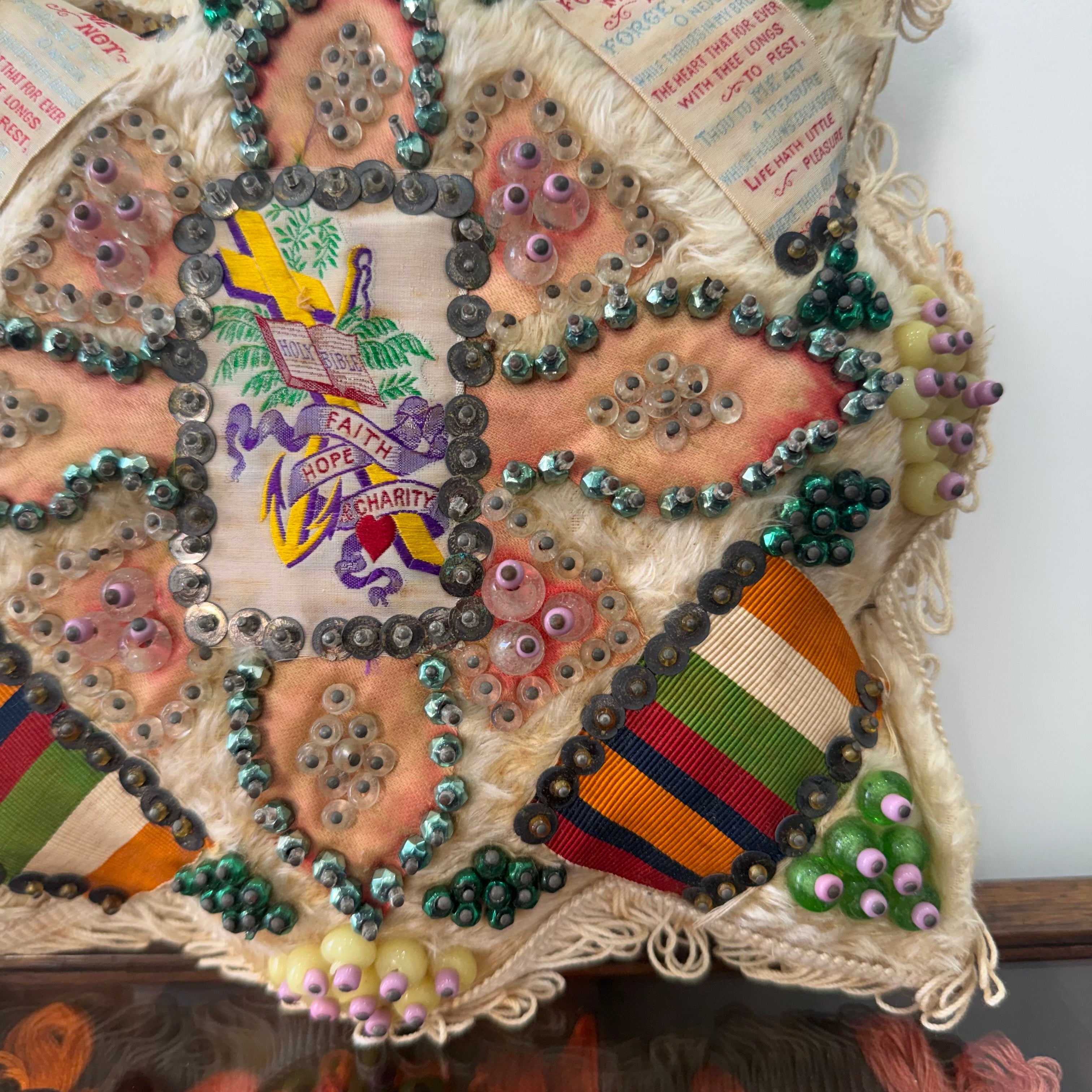 WWI Sweetheart Pin Cushion Beaded Star Faith Hope Charity Ribbons