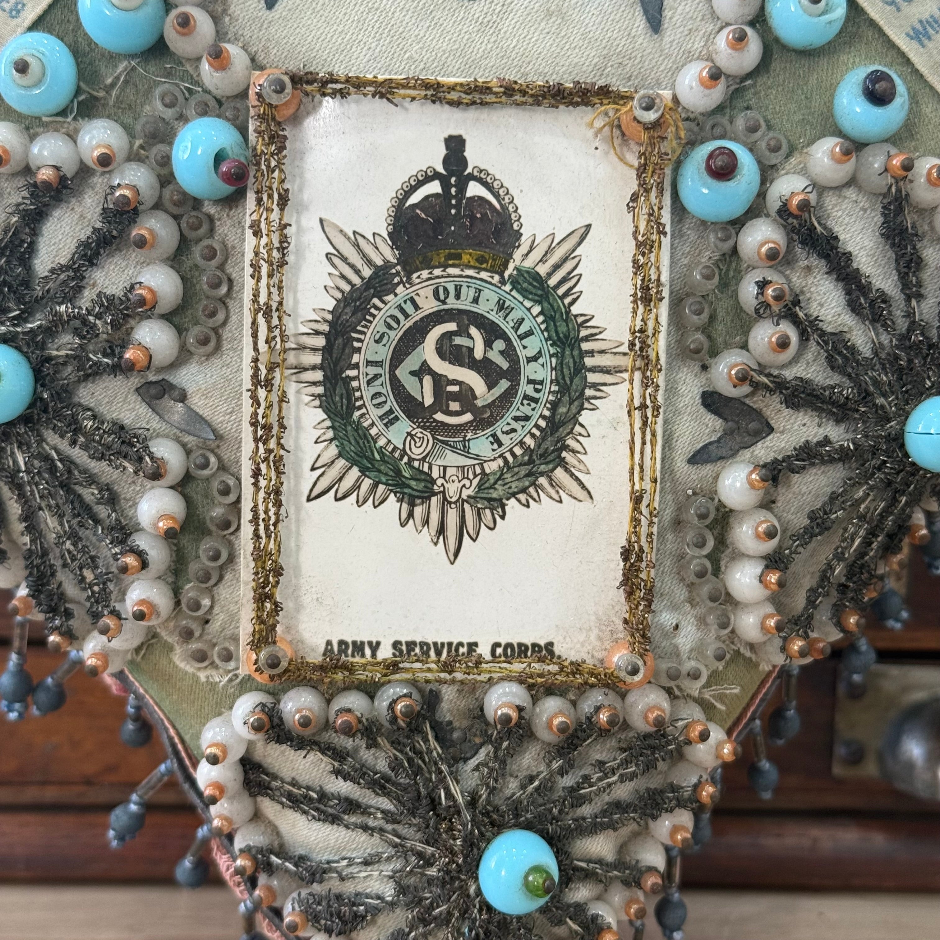 WWI Army Service Corps Beaded Heart Cushion Sweetheart Pin Cushion