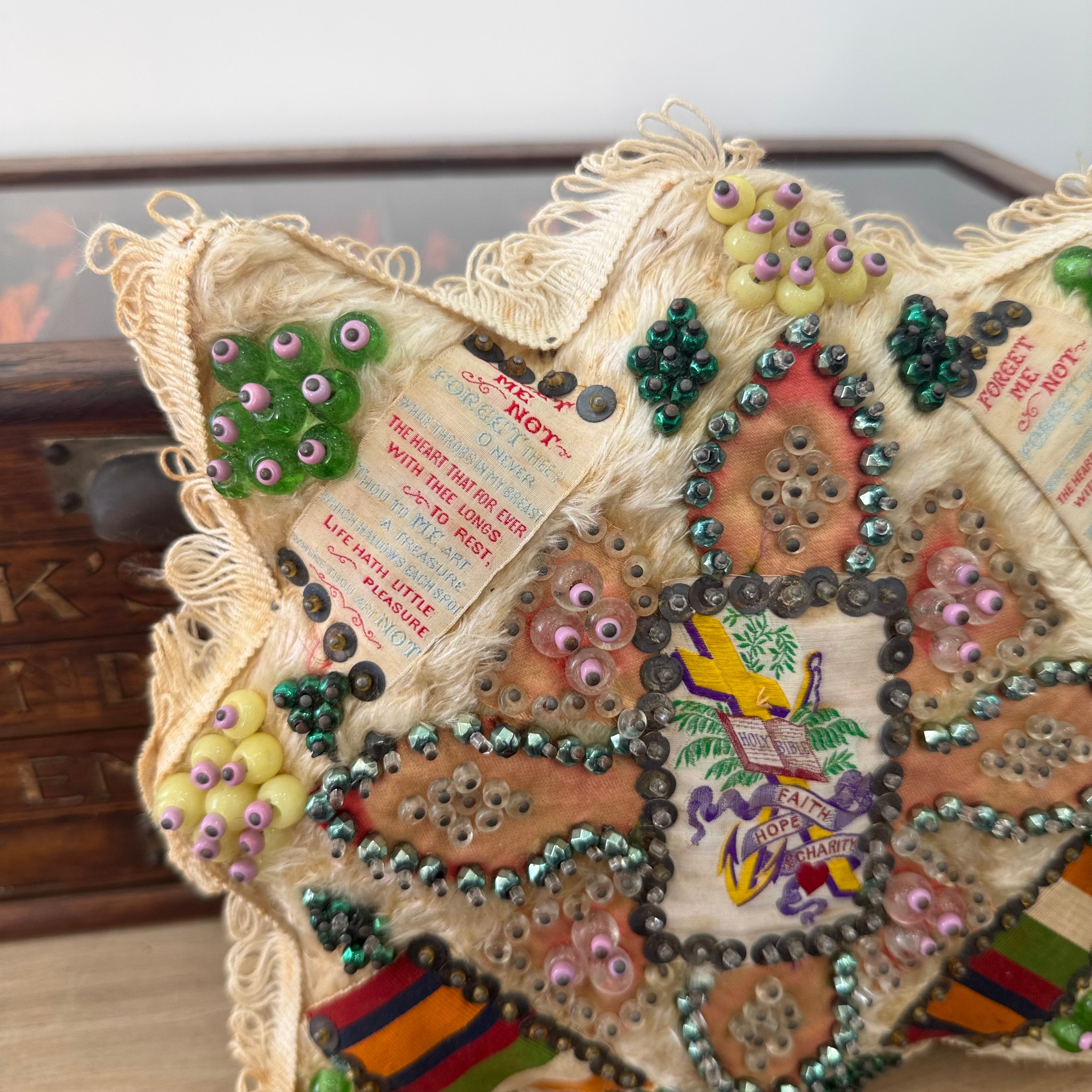 WWI Sweetheart Pin Cushion Beaded Star Faith Hope Charity Ribbons