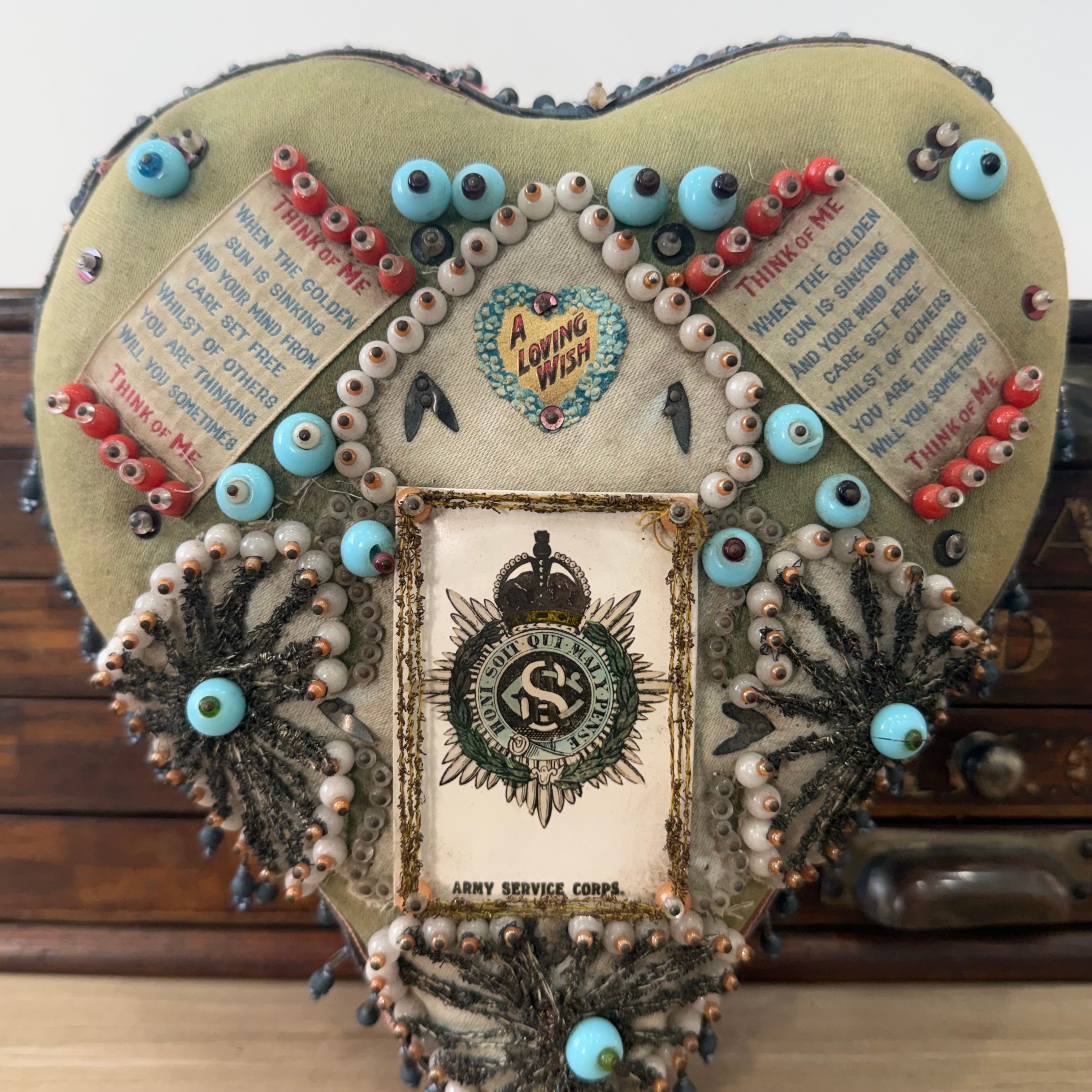 WWI Army Service Corps Beaded Heart Cushion Sweetheart Pin Cushion