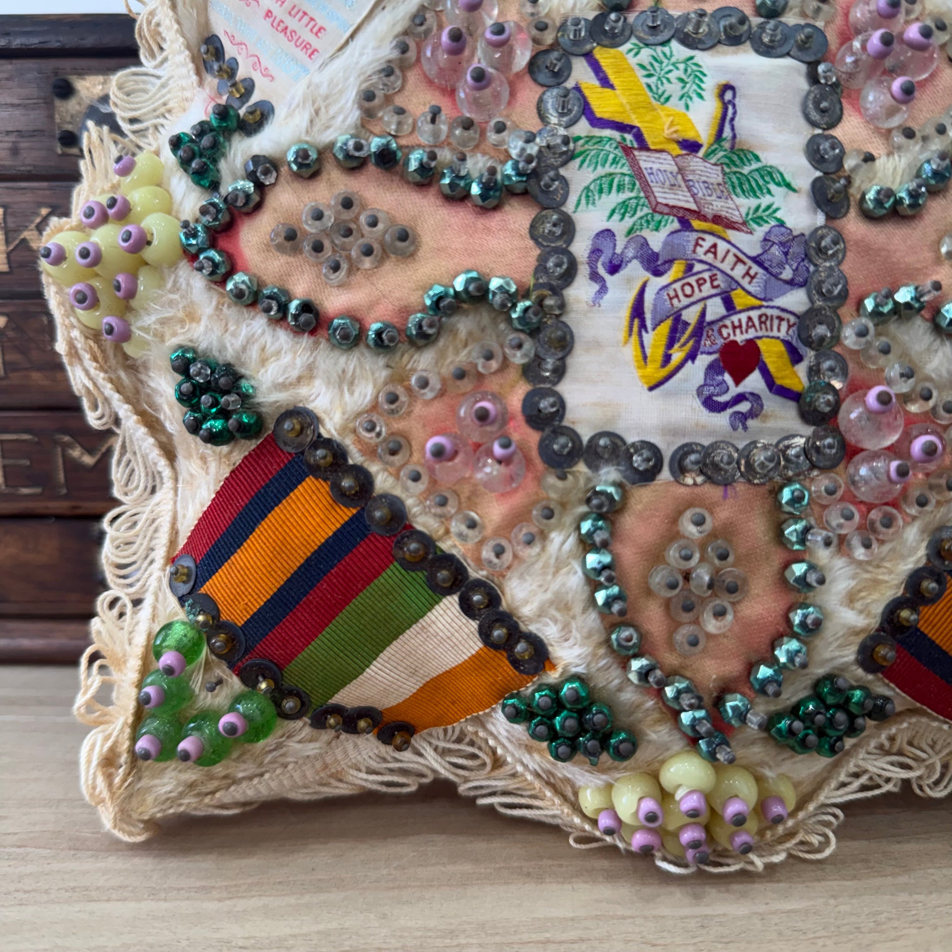 WWI Sweetheart Pin Cushion Beaded Star Faith Hope Charity Ribbons