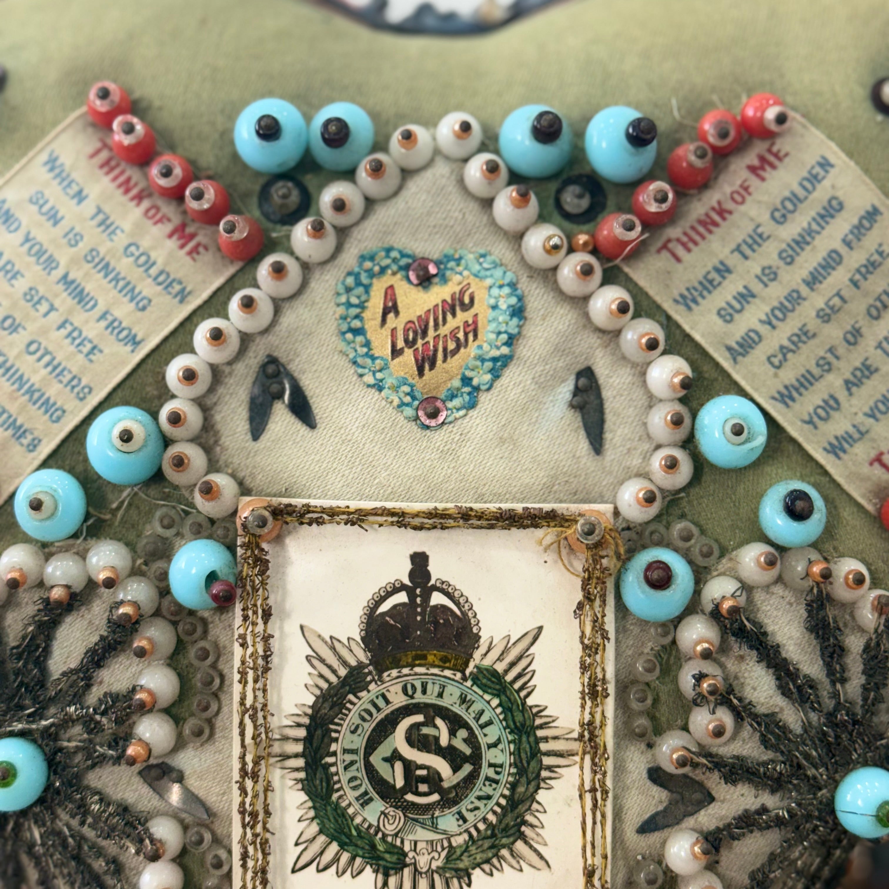 WWI Army Service Corps Beaded Heart Cushion Sweetheart Pin Cushion