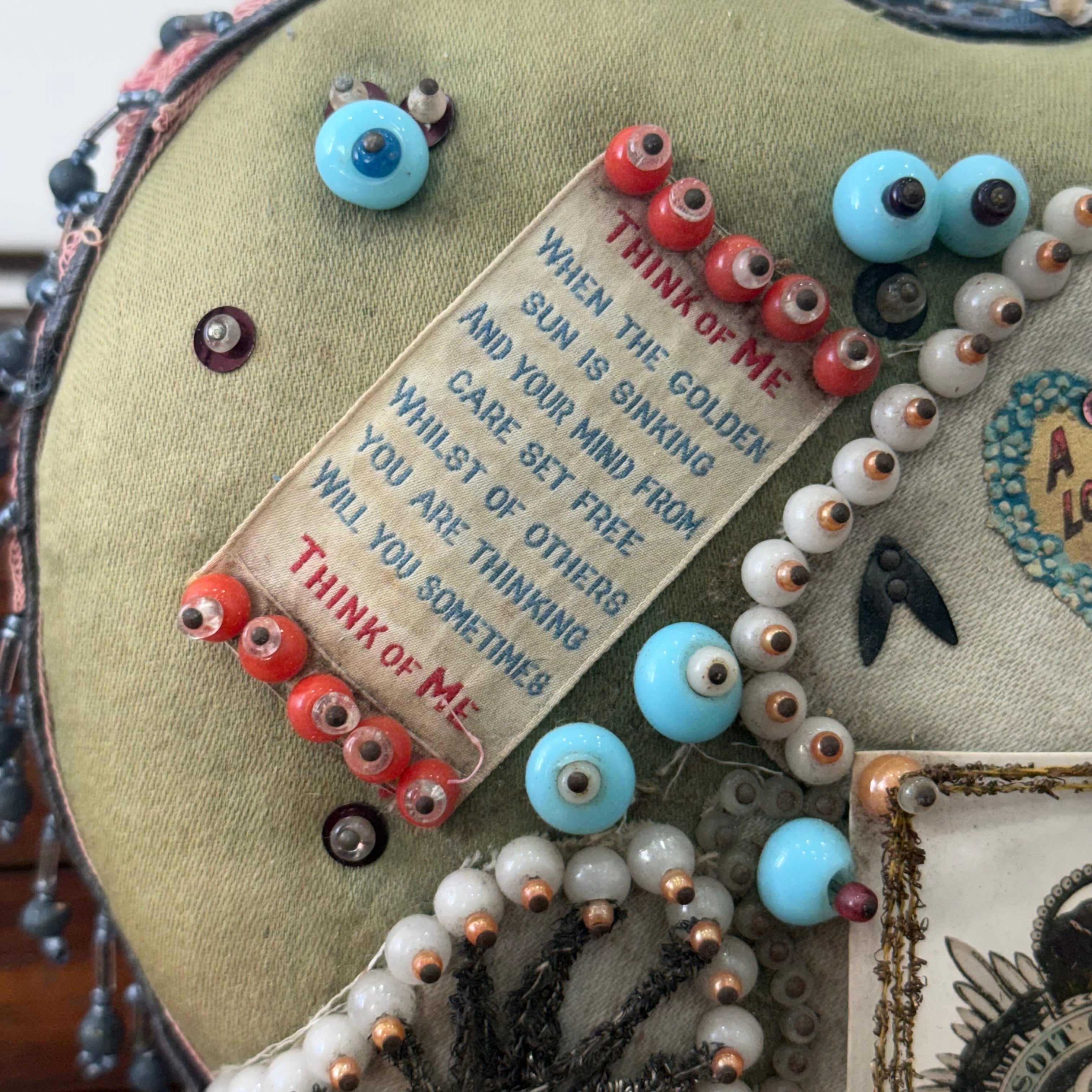 WWI Army Service Corps Beaded Heart Cushion Sweetheart Pin Cushion