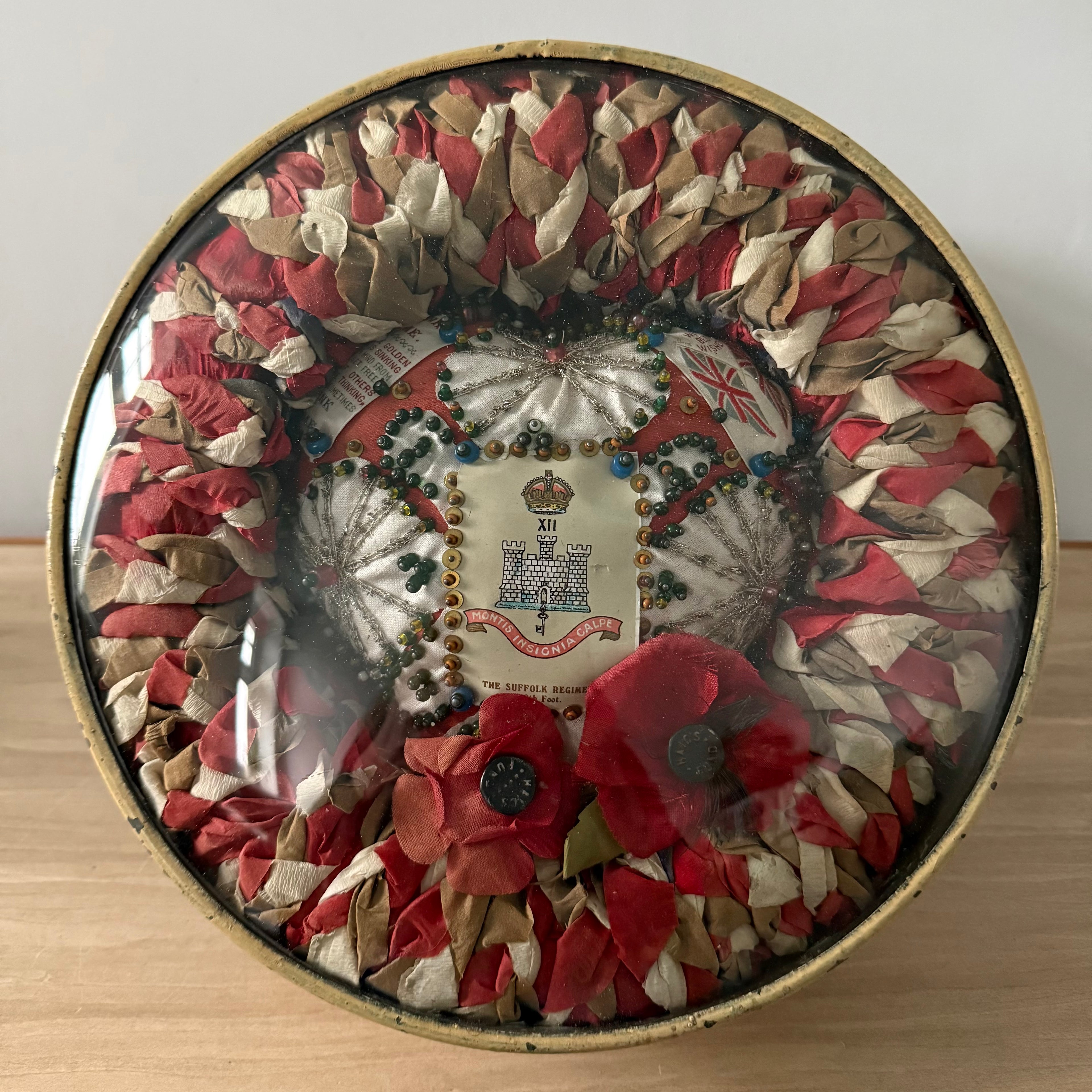 WWI Suffolk Regiment Sweetheart Wreath & Pin Cushion in 1937 Frame