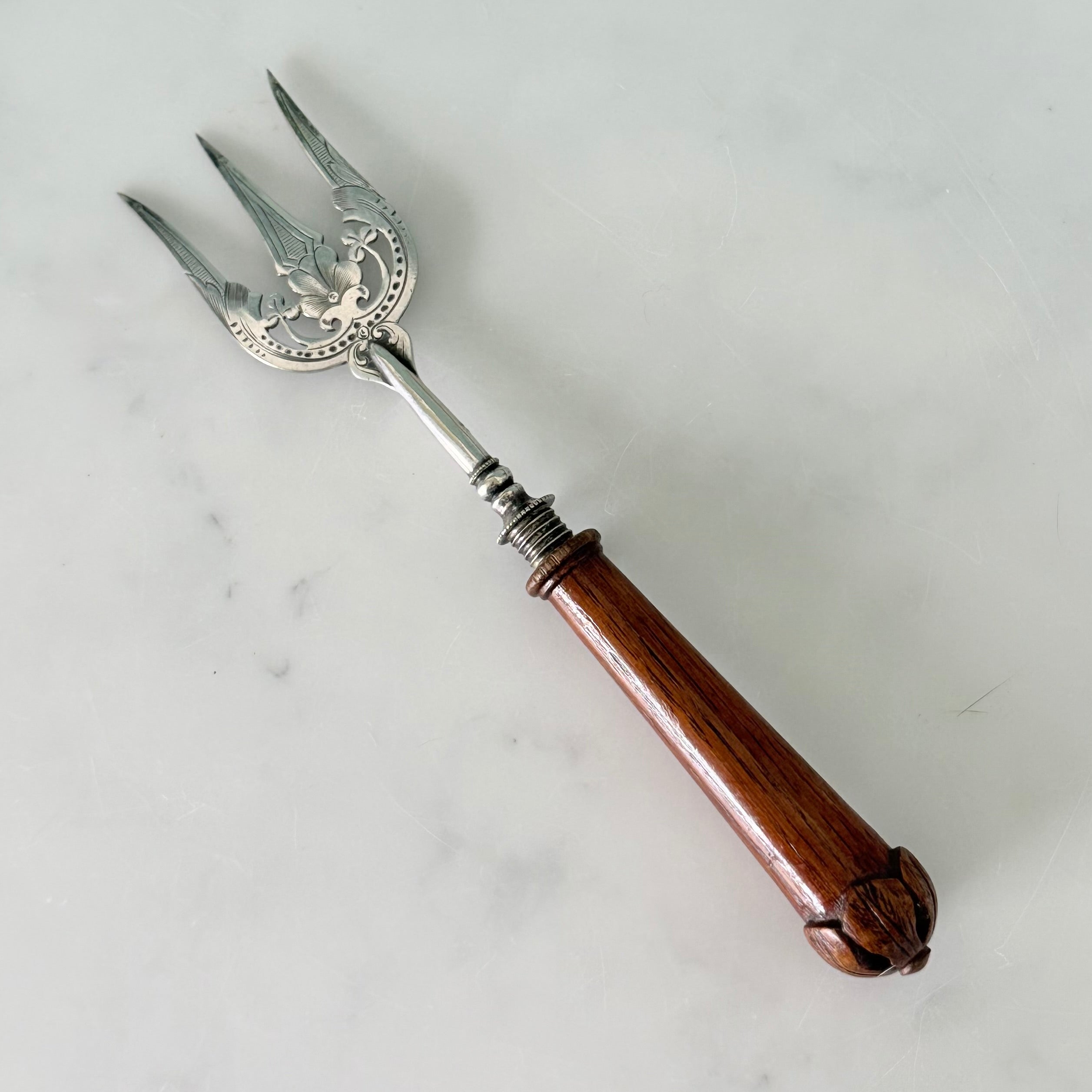 Antique Silver Plated Bread Muffin Fork with Turned Wooden Handle