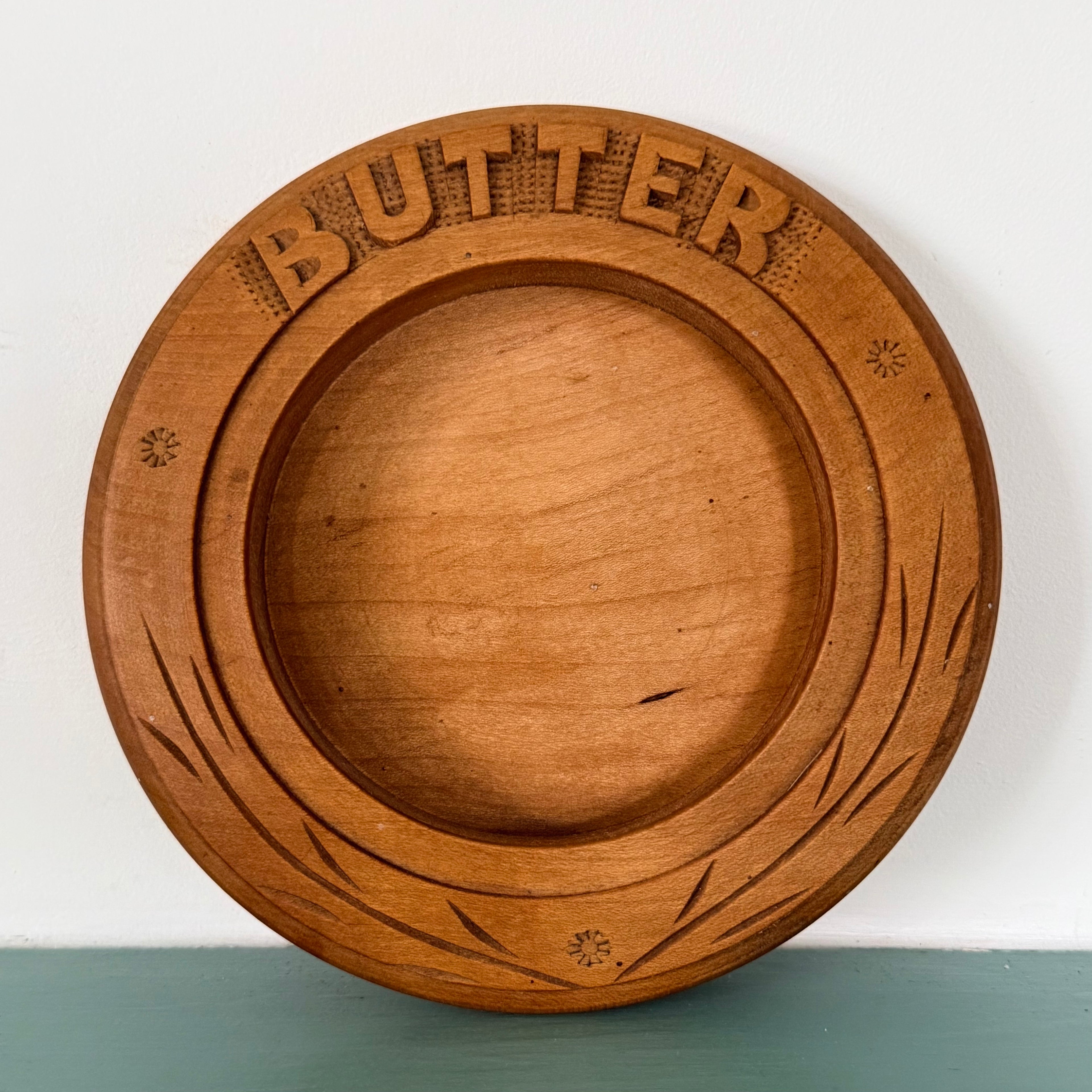 Antique Treen Butter Dish Wooden Surround with Blue Willow Insert