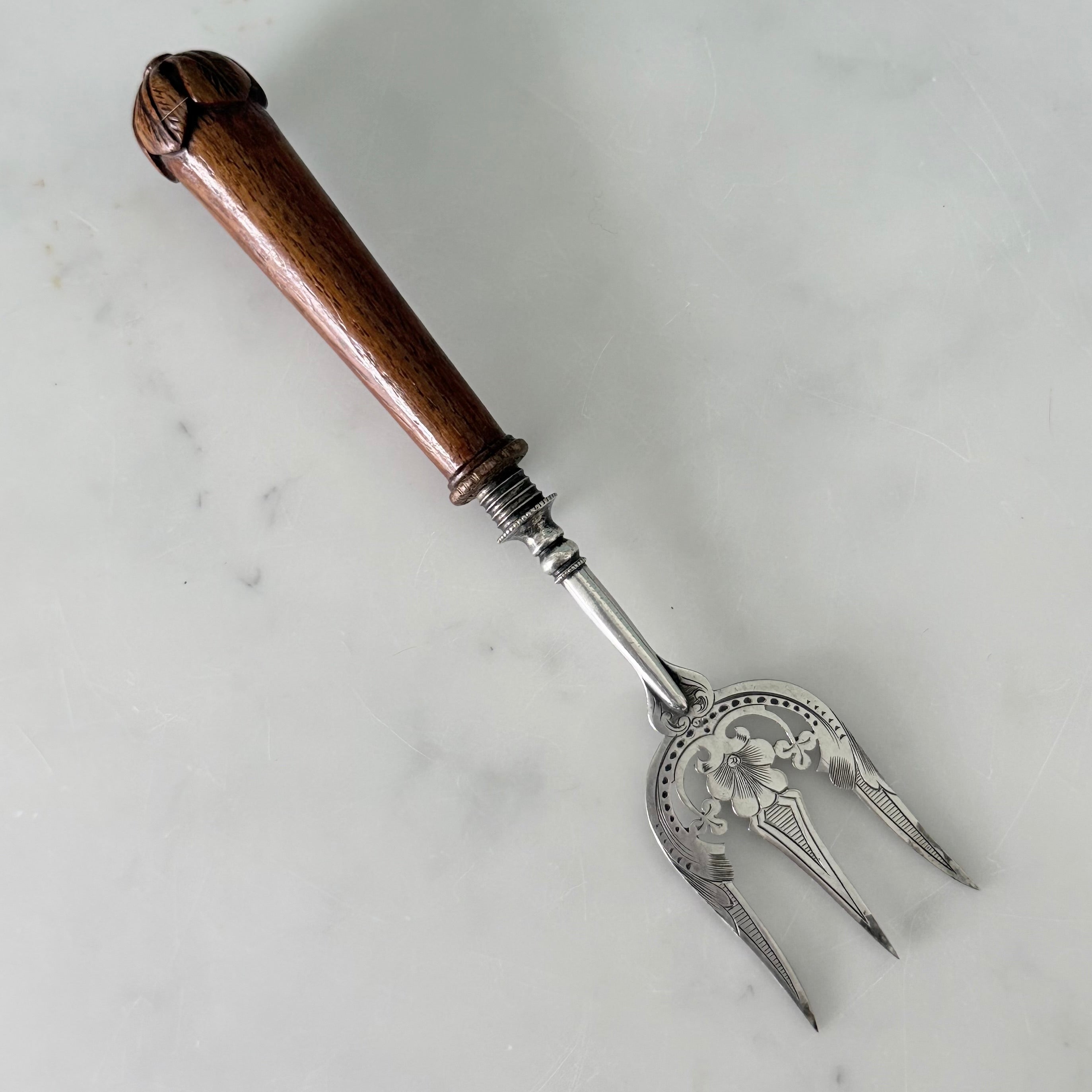 Antique Silver Plated Bread Muffin Fork with Turned Wooden Handle