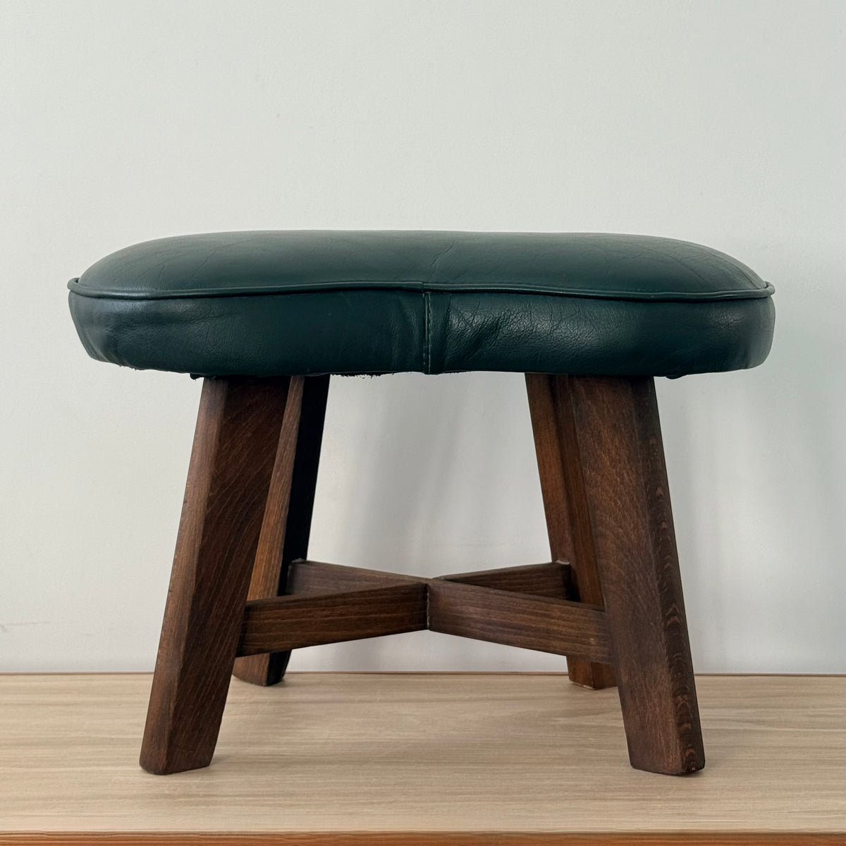 Vintage Mid-Century Kidney Shaped Green Upholstered Footstool