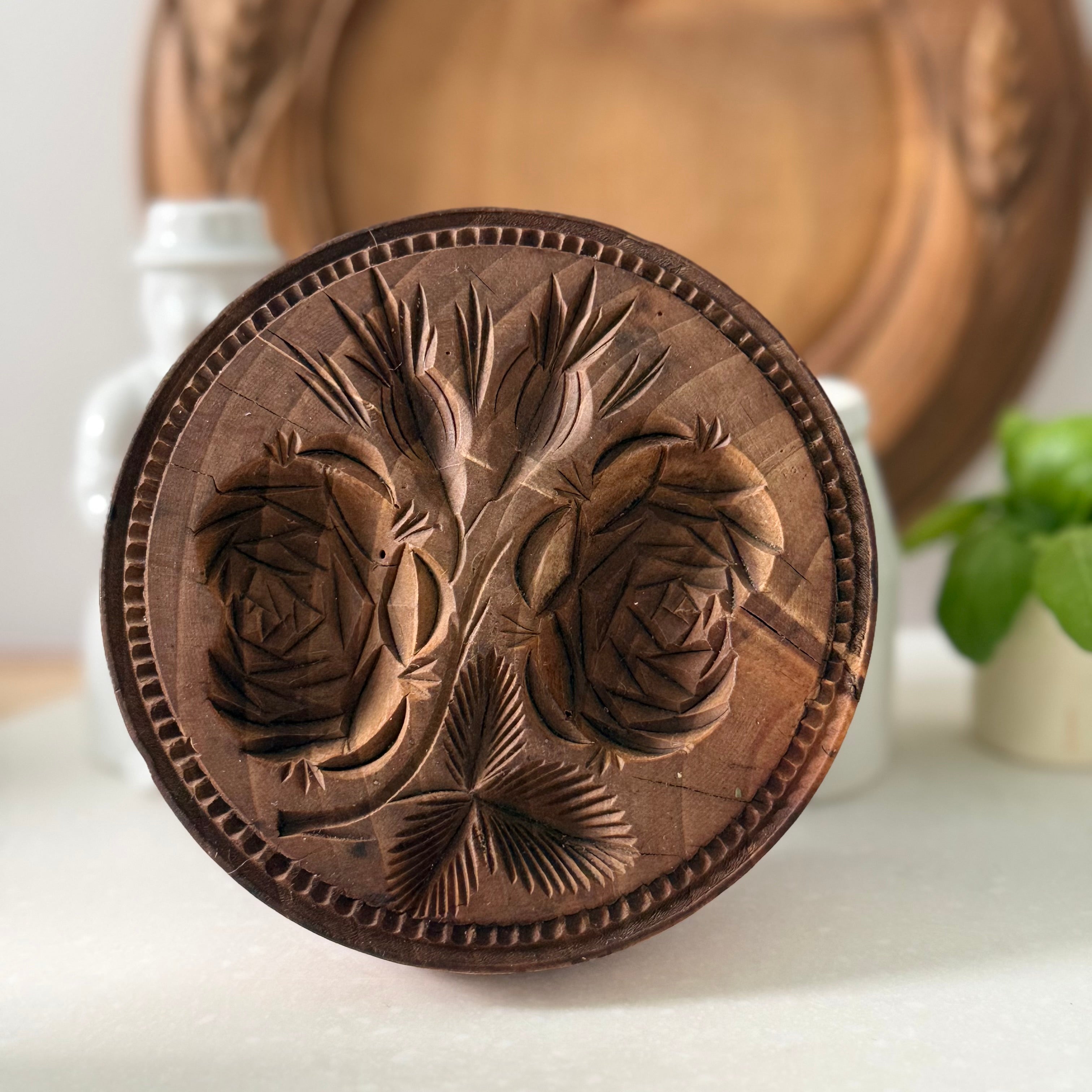 Antique Treen Butter Stamp Deep Carved Rose Motif