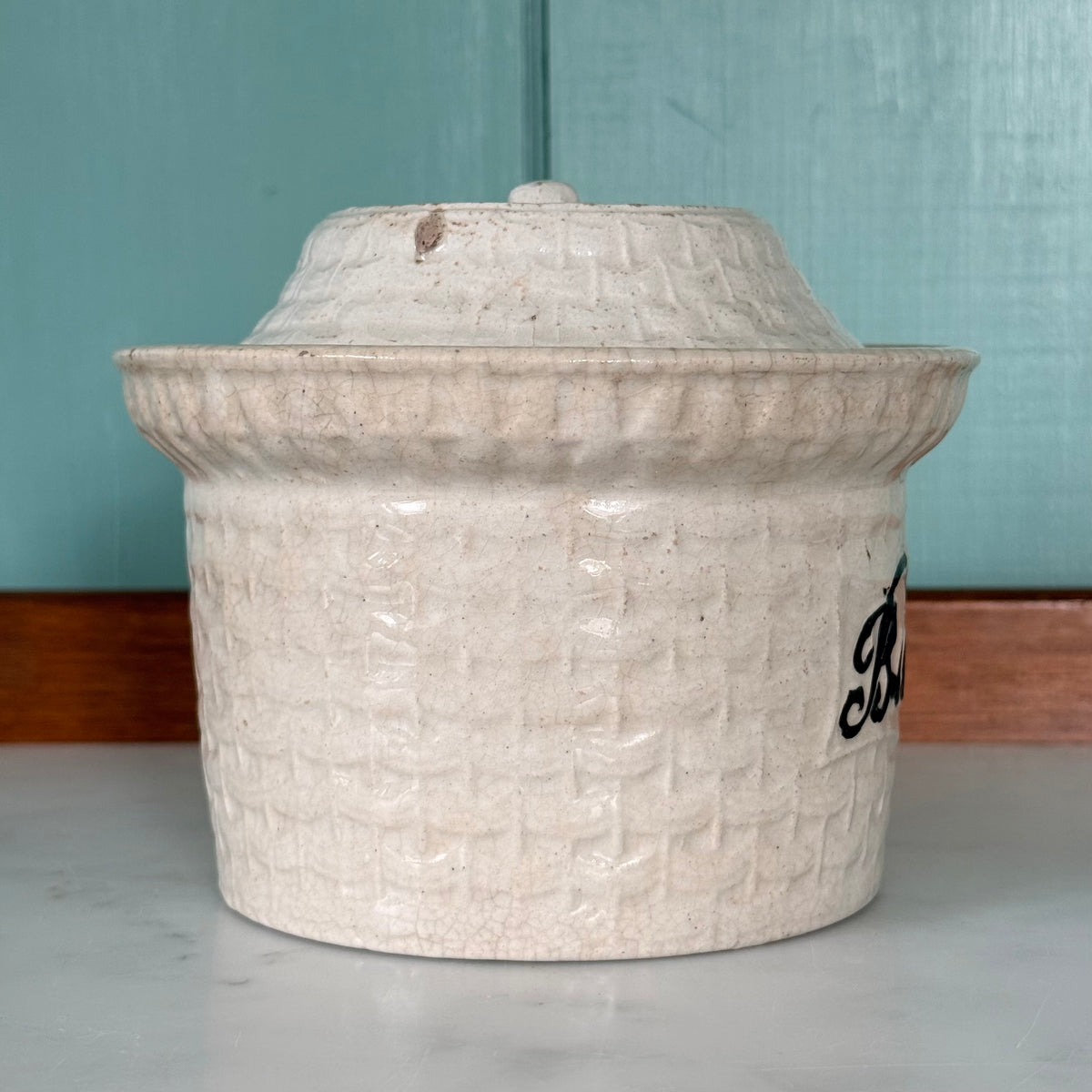 Antique Pottery Butter Crock Dish with Lid c.1900