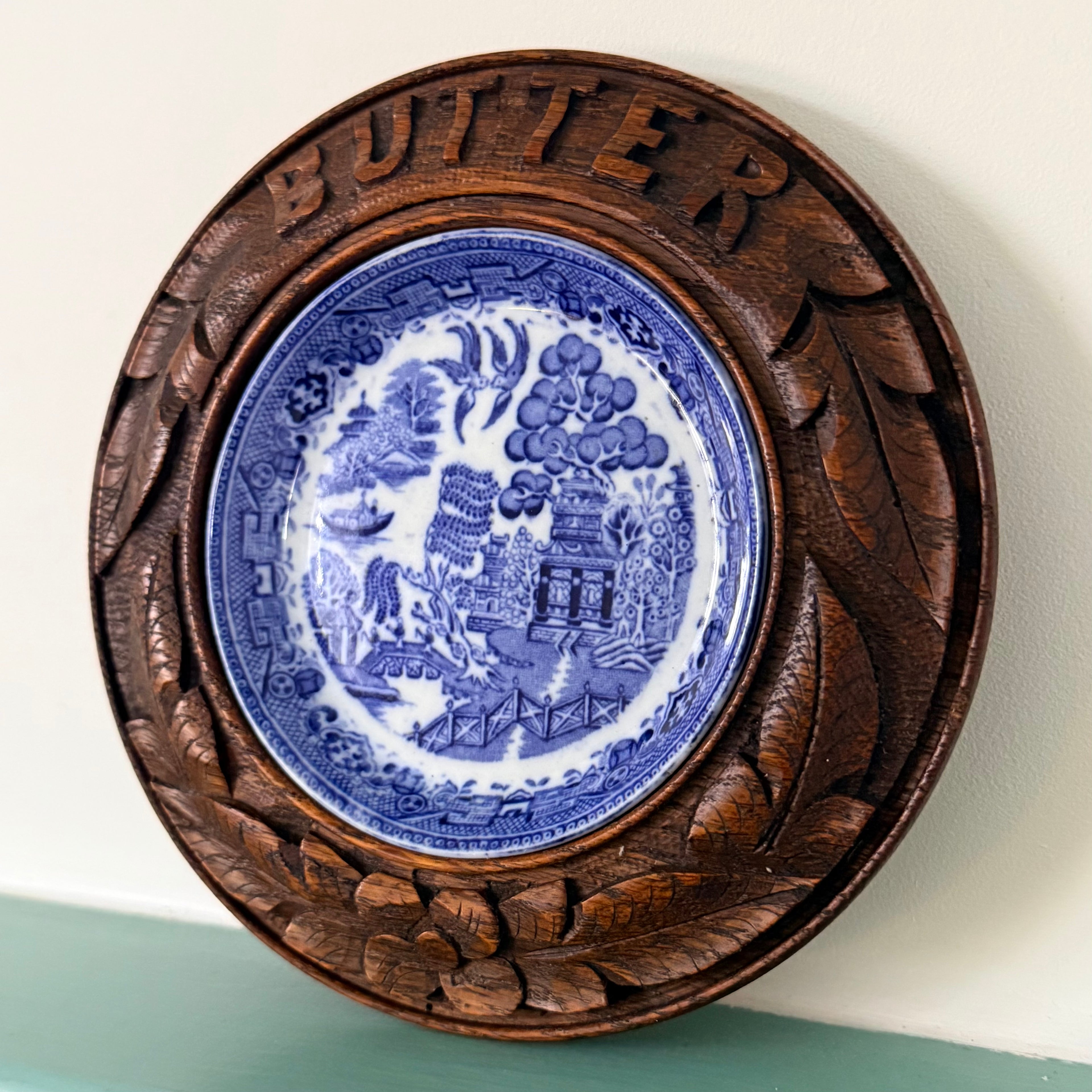 Vintage Carved Wooden BUTTER Dish Blue Willow Insert Kitchenalia