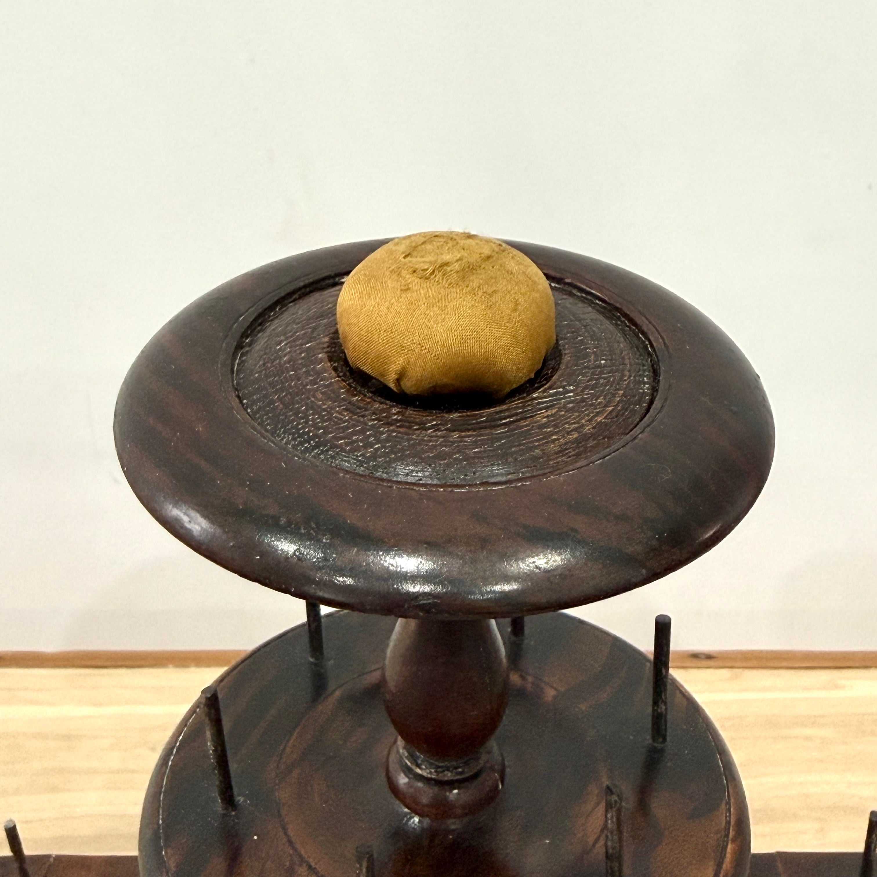 Antique Wooden Thread Spool Stand with Drawer and Silk Pin Cushion