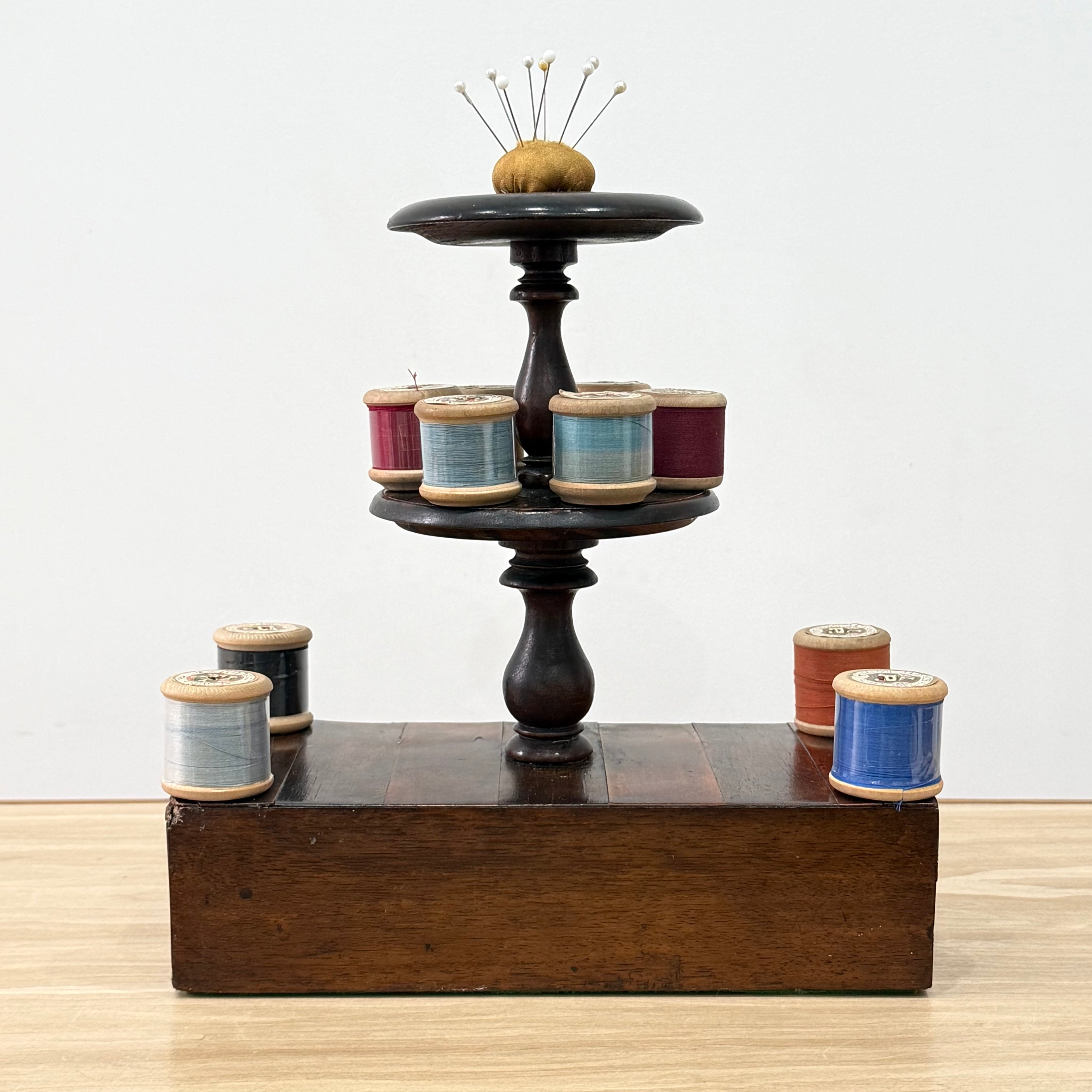 Antique Wooden Thread Spool Stand with Drawer and Silk Pin Cushion