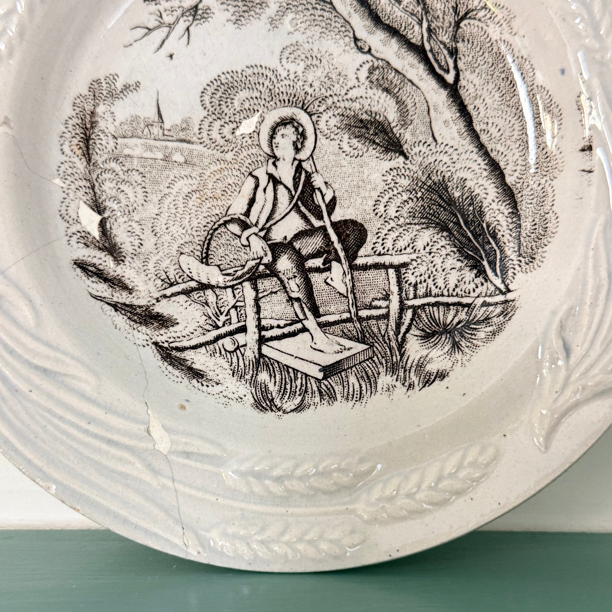 Antique Staffordshire Staple-Repaired Nursery Plate Rural Boy c.1830