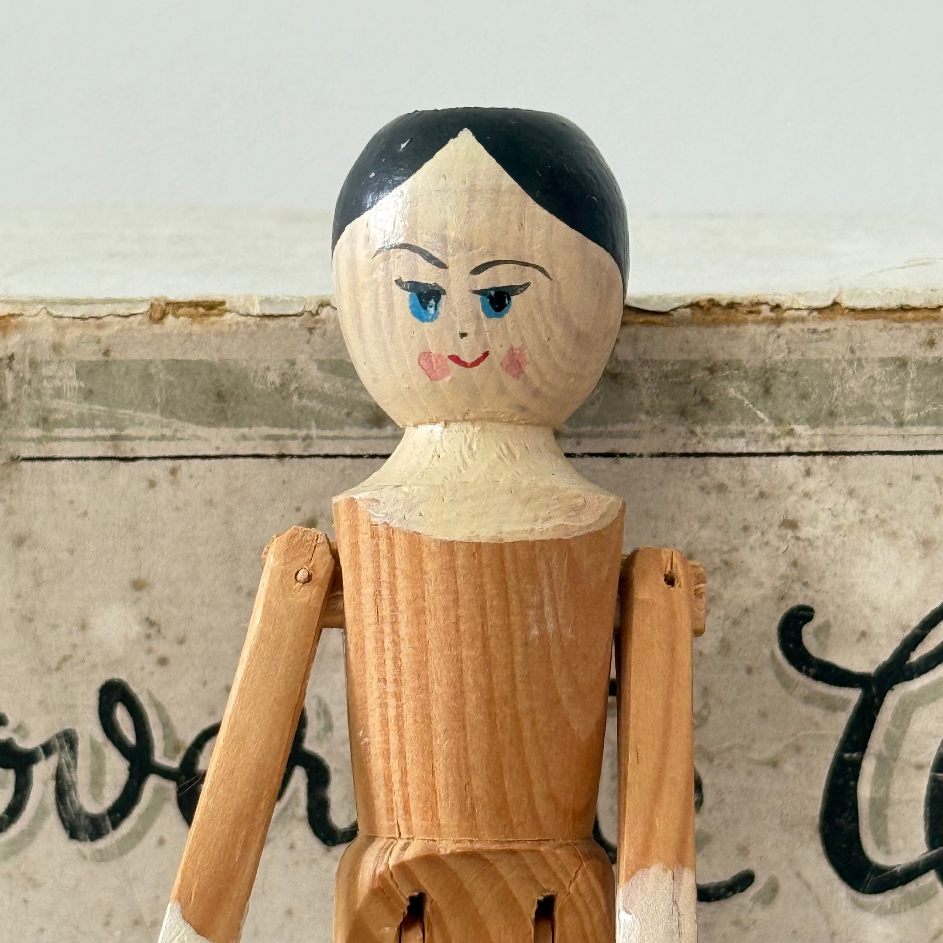 Vintage Wooden Jointed Doll Hand Painted Folk Art Figure 11cm