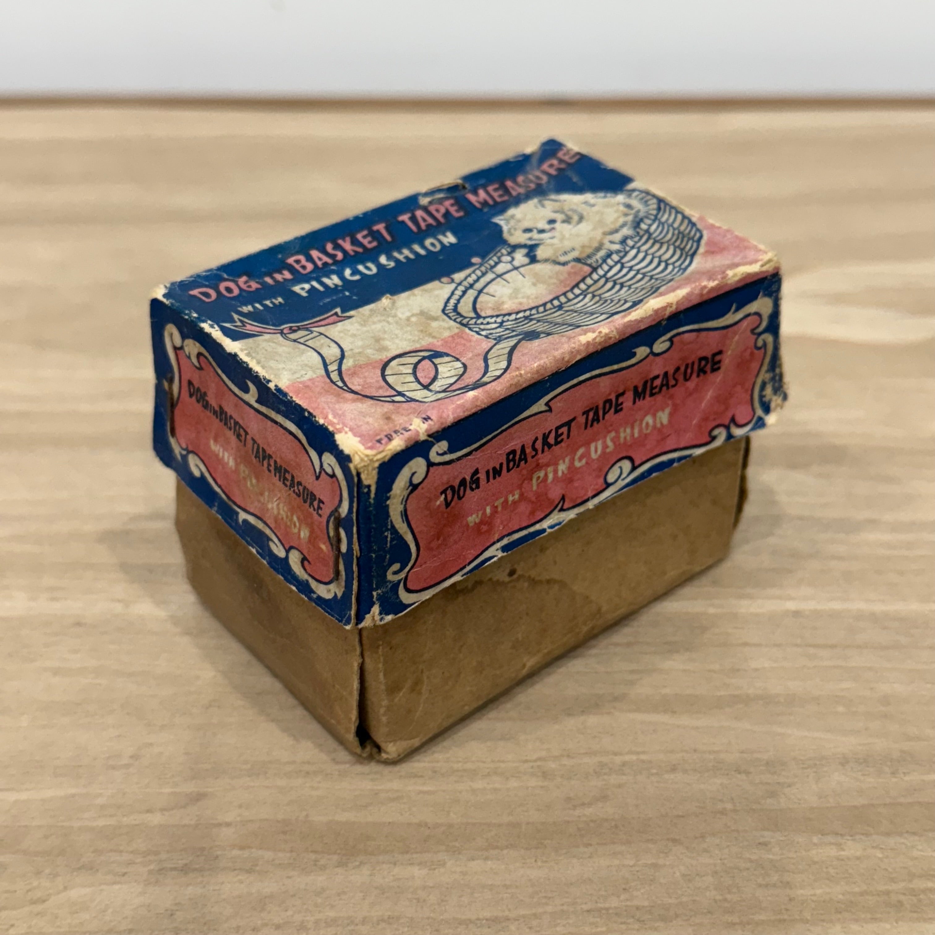 Vintage Dog in Basket Tape Measure & Pincushion, Boxed, Working 36”