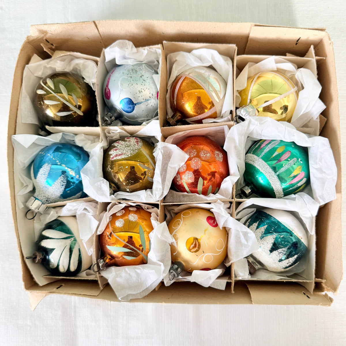 Boxed Set of 12 Vintage Glass Christmas Baubles