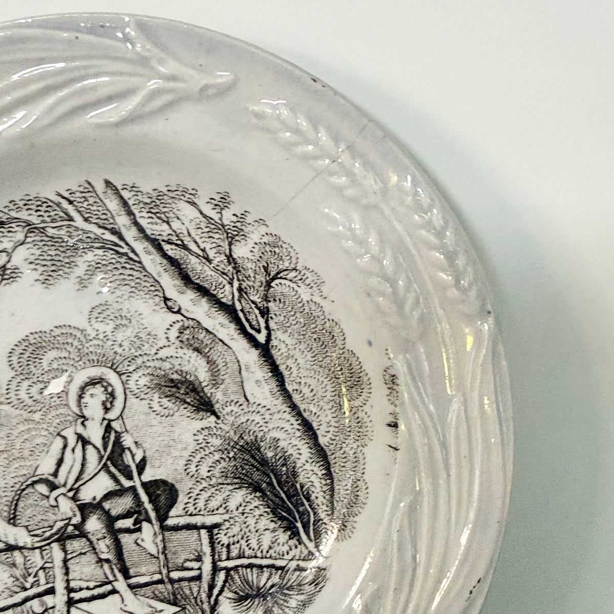 Antique Staffordshire Staple-Repaired Nursery Plate Rural Boy c.1830