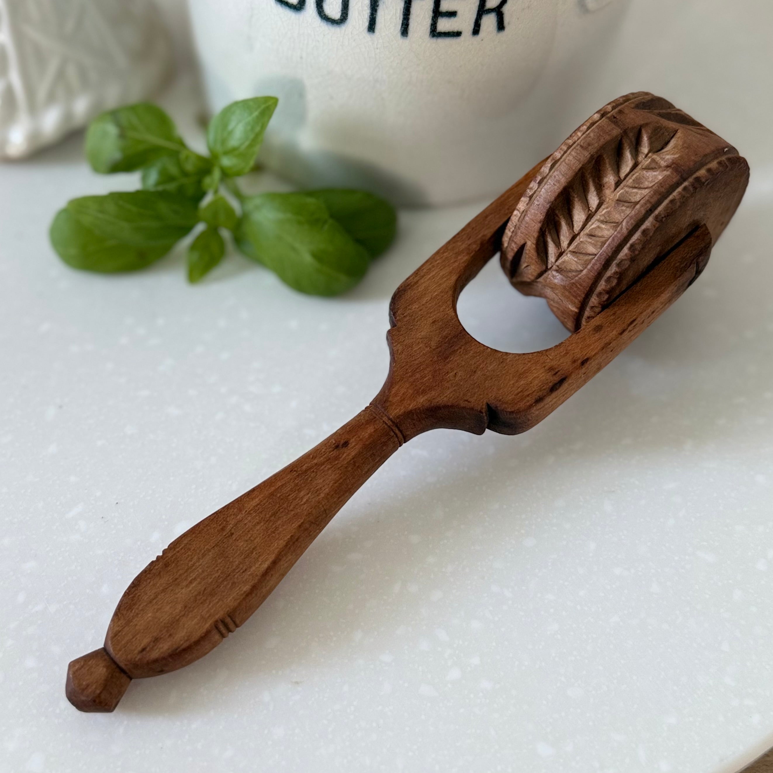 Antique Treen Wooden Butter Roller Deep Carved Leaf Print Dairy Kitchenalia