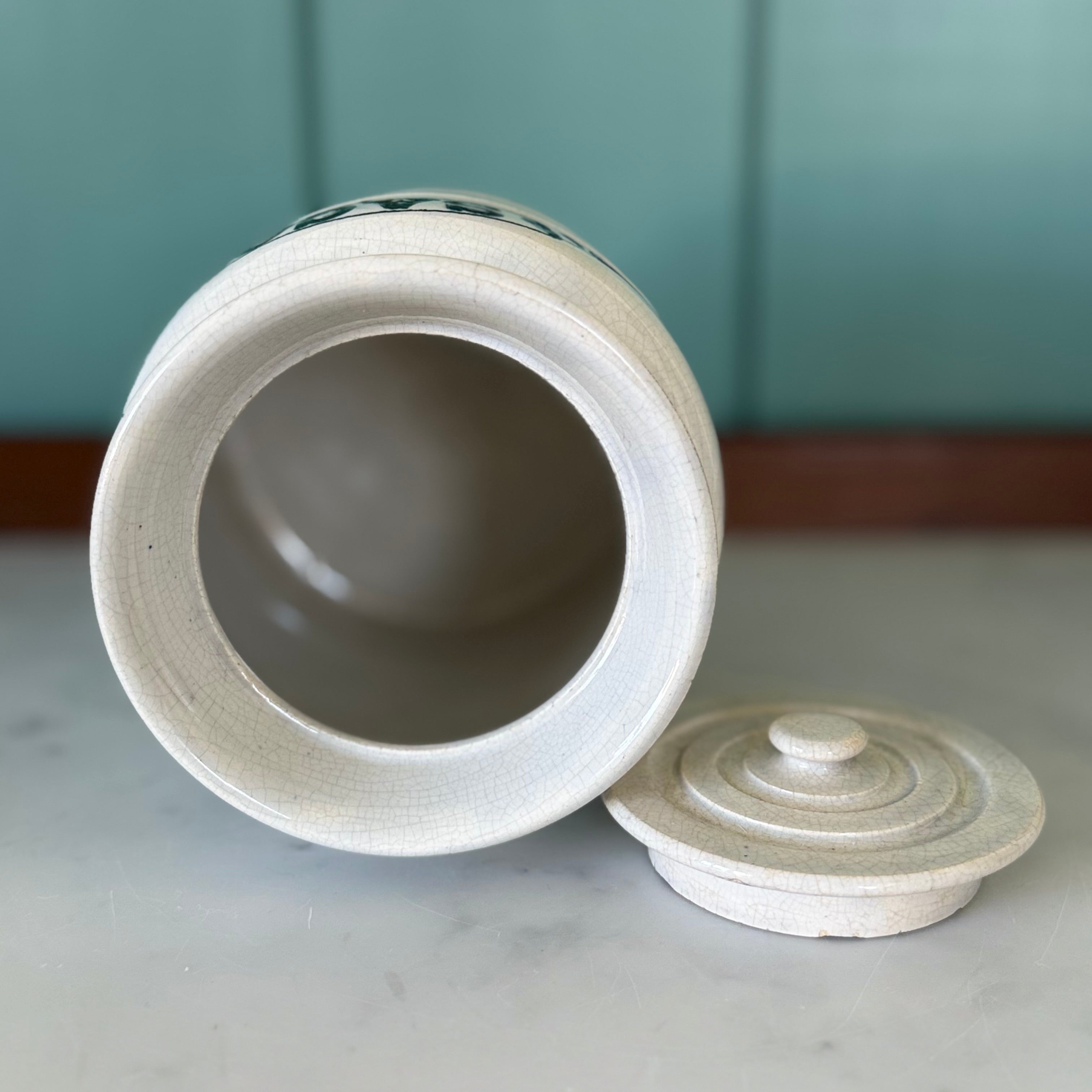 Late Victorian White Ironstone Sago Storage Jar with Ribbon Label