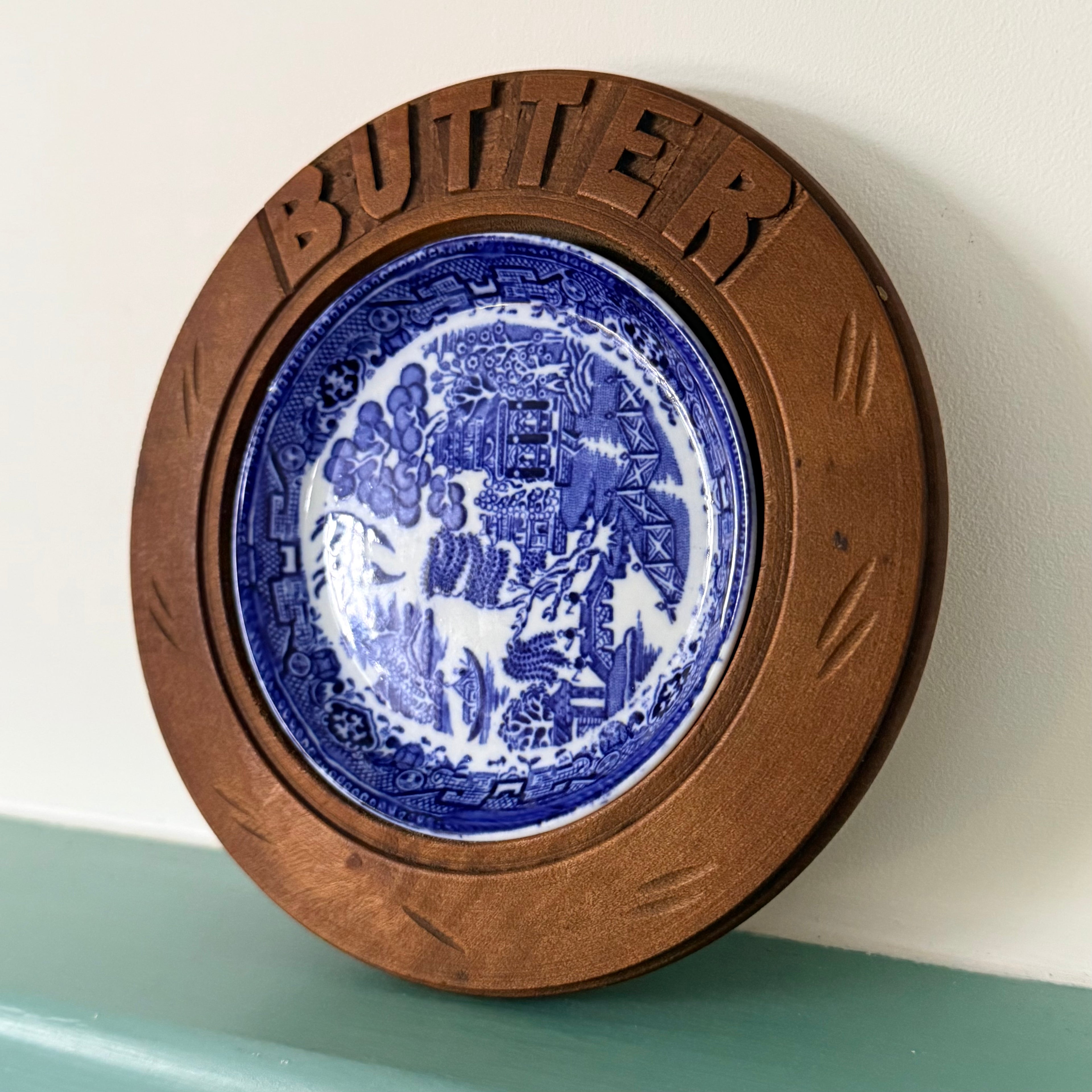 Antique Treen Butter Dish Wooden Surround with Blue Willow Insert
