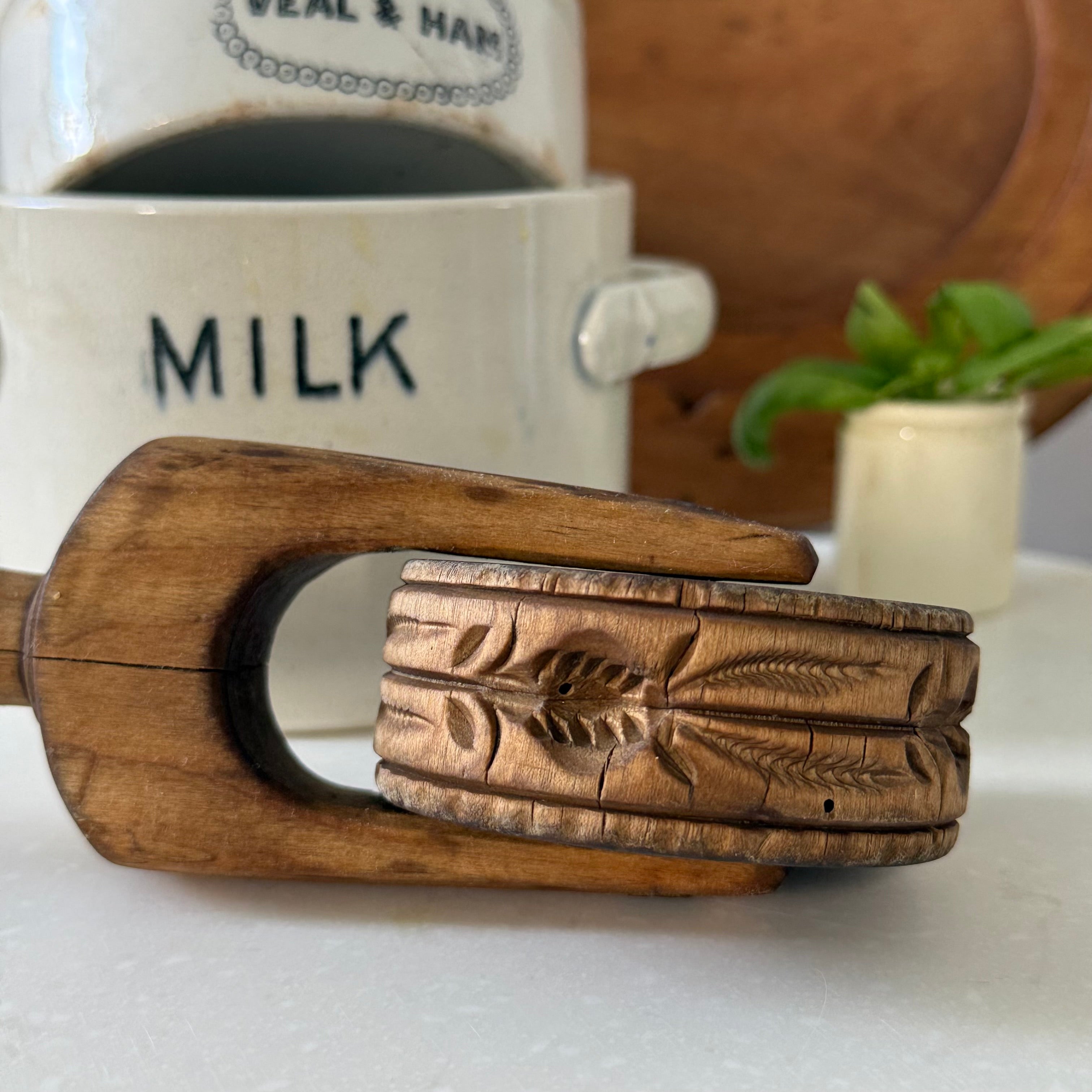 Antique Treen Butter Roller Carved Floral Band