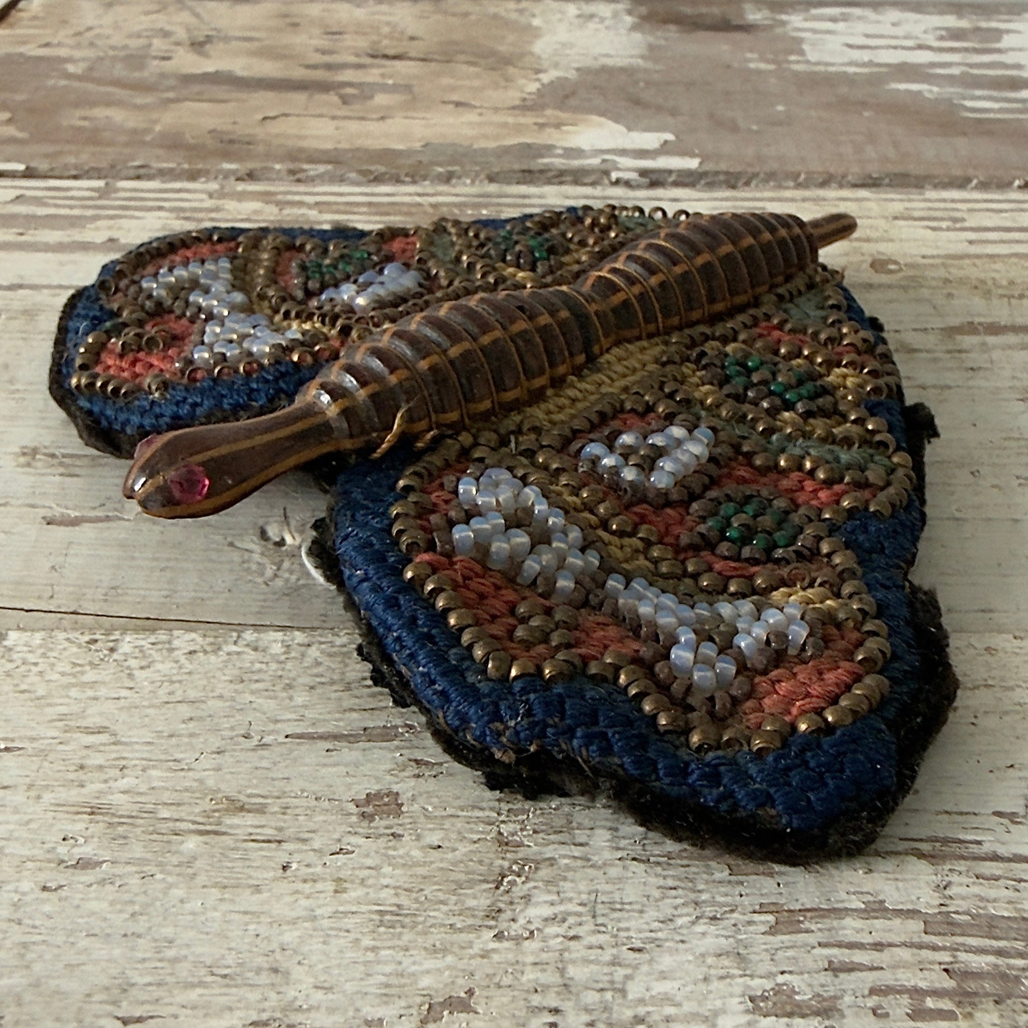 Antique Victorian Beaded Butterfly Needle Book / Pincushion with Turned Wooden Body