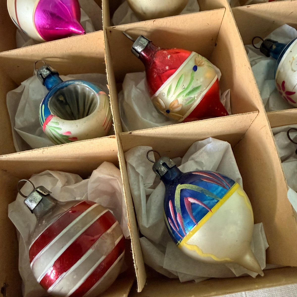 Boxed Set of 12 Miniature Vintage Glass Christmas Baubles