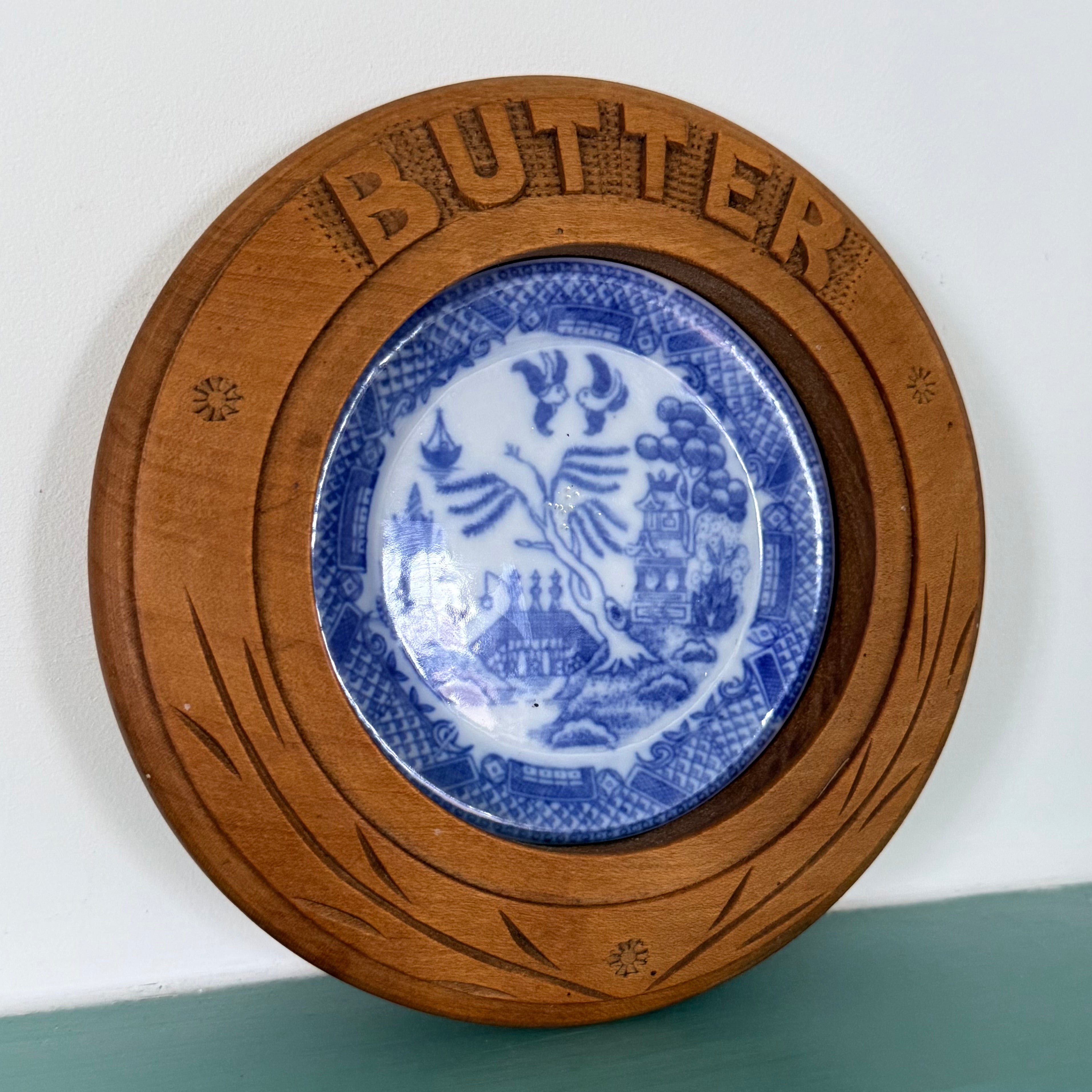 Antique Treen Butter Dish Wooden Surround with Blue Willow Insert