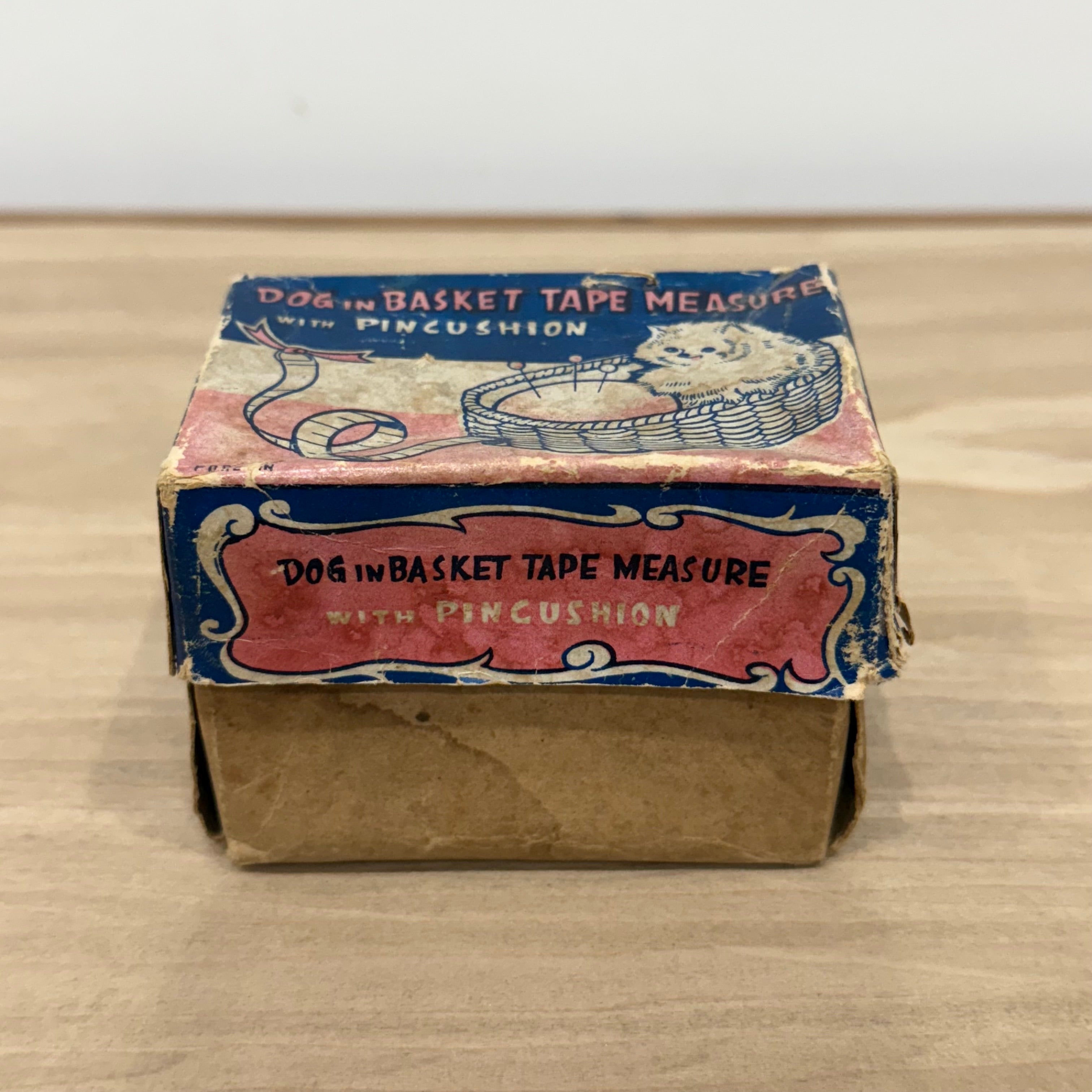 Vintage Dog in Basket Tape Measure & Pincushion, Boxed, Working 36”