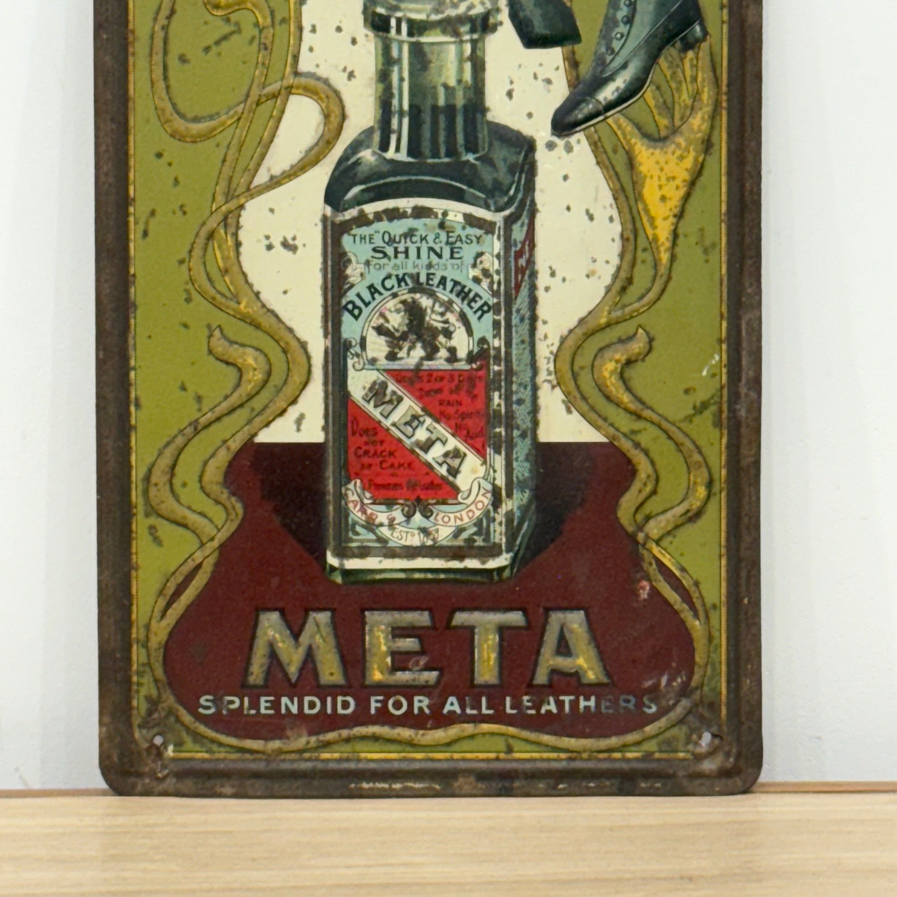 Carr’s META Leather Polish Embossed Tin Advertising Sign c.1910–1920