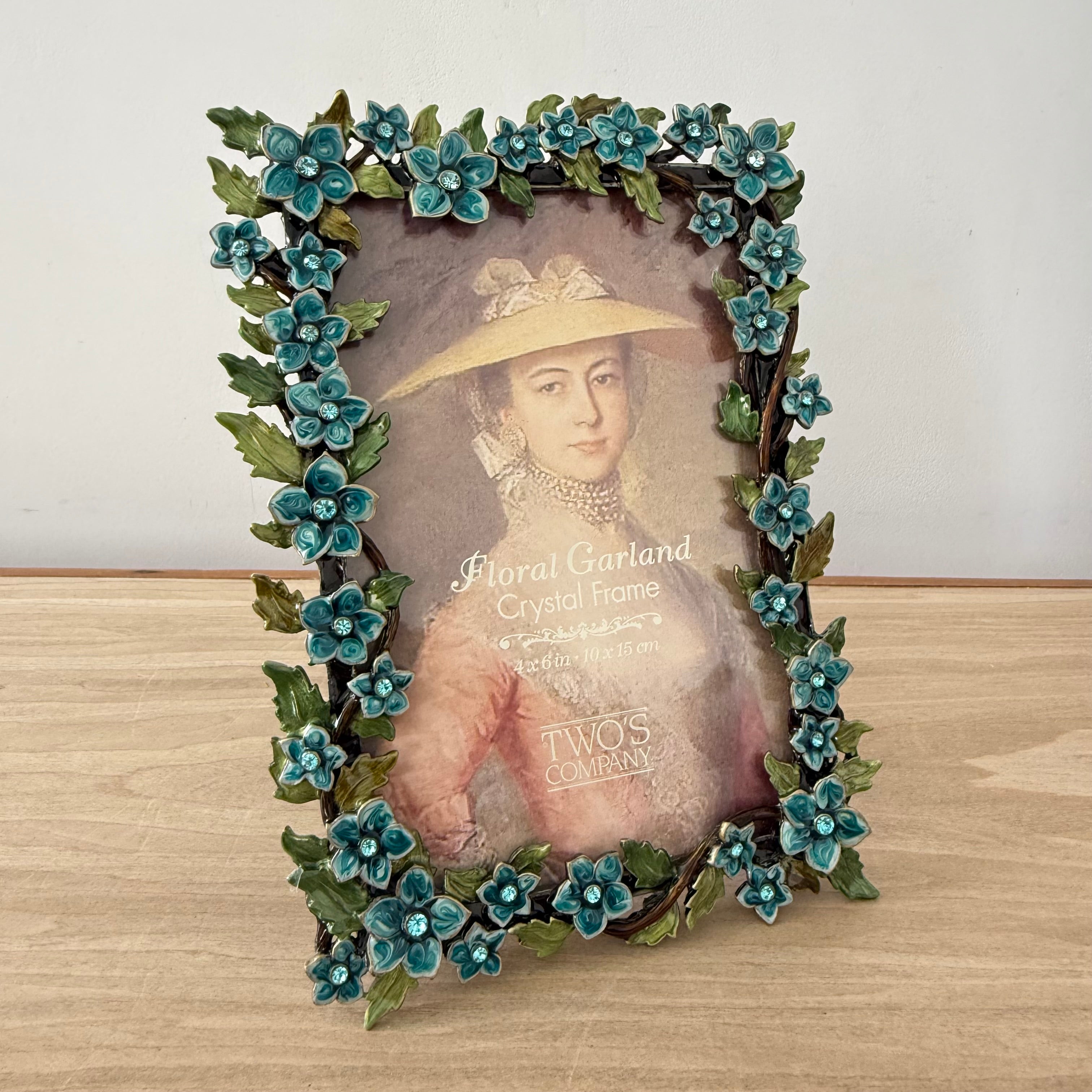 Floral Crystal Photo Frame 4x6 Blue Flower Decorative Vintage Style Gift
