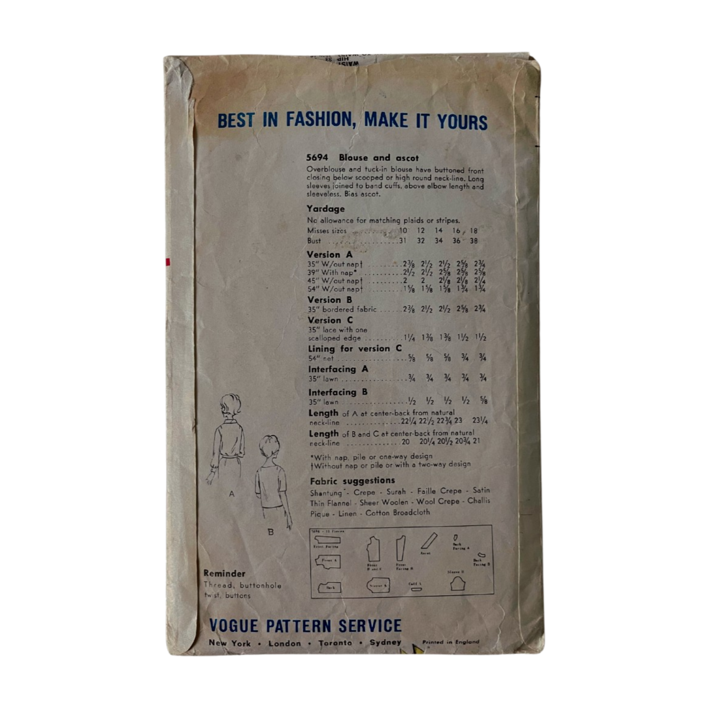 Vogue 5694 Womens Size 12 Blouse Top