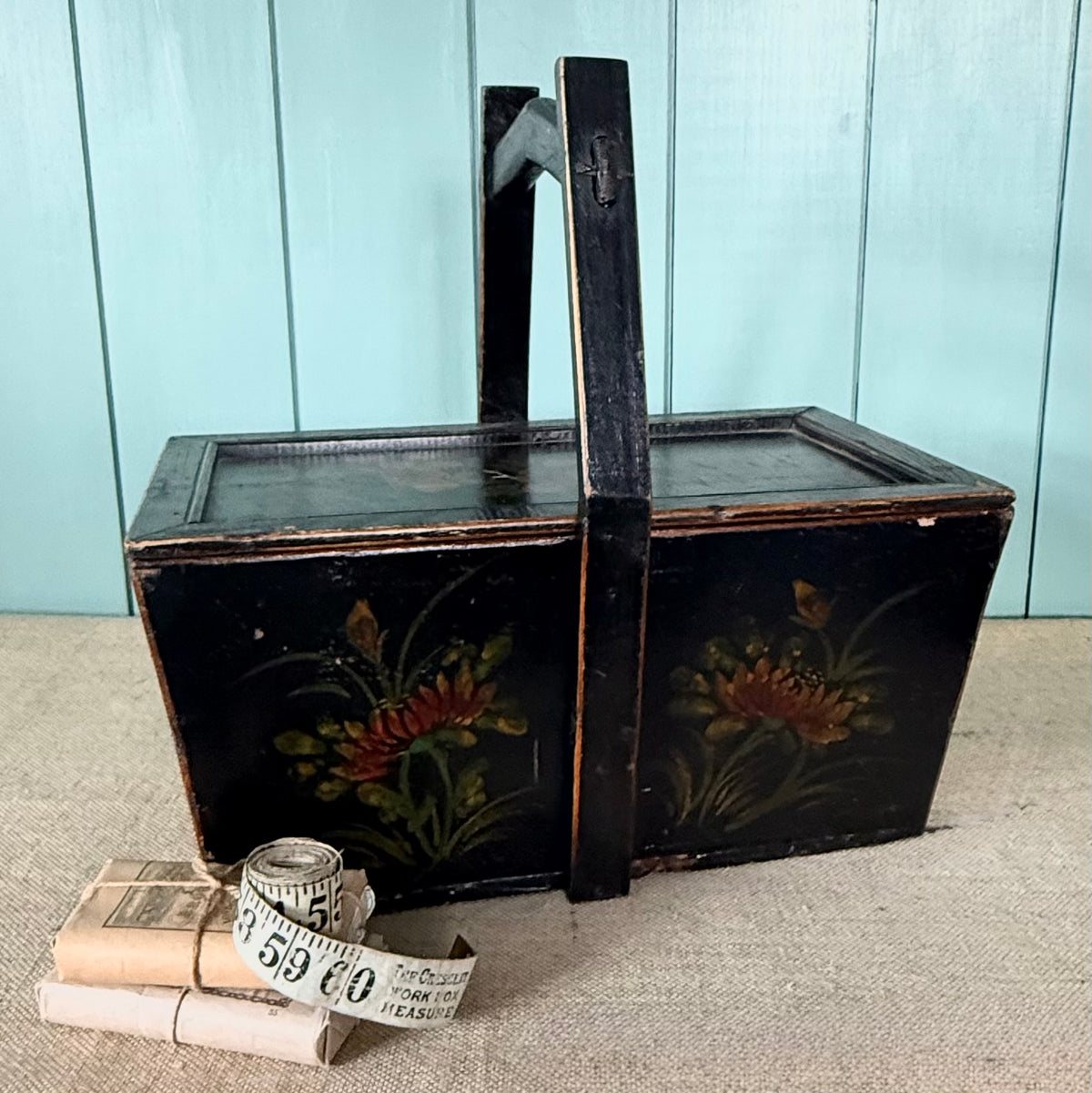 Antique Norwegian Folk Art Painted Wooden Knitting Basket c.1900