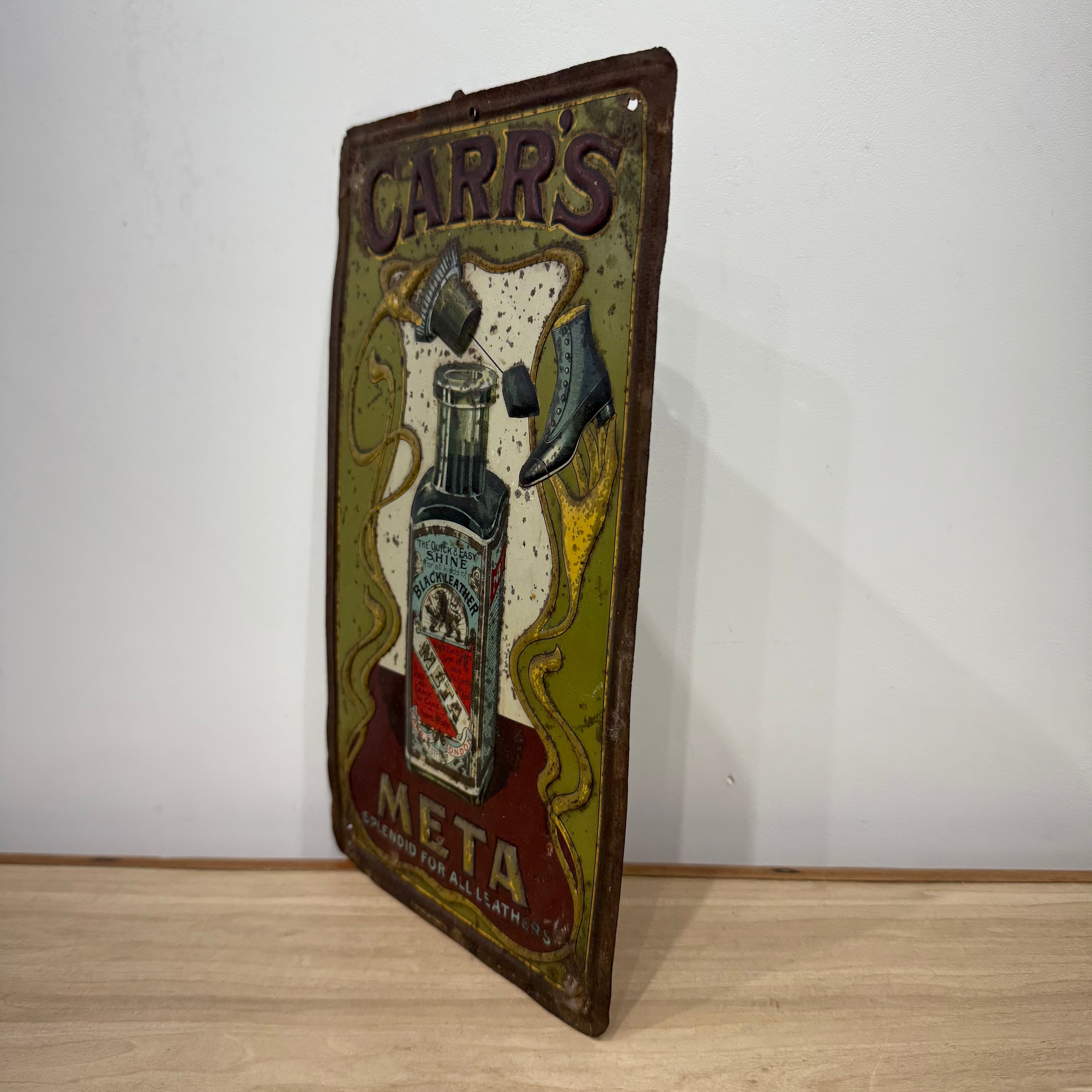 Carr’s META Leather Polish Embossed Tin Advertising Sign c.1910–1920