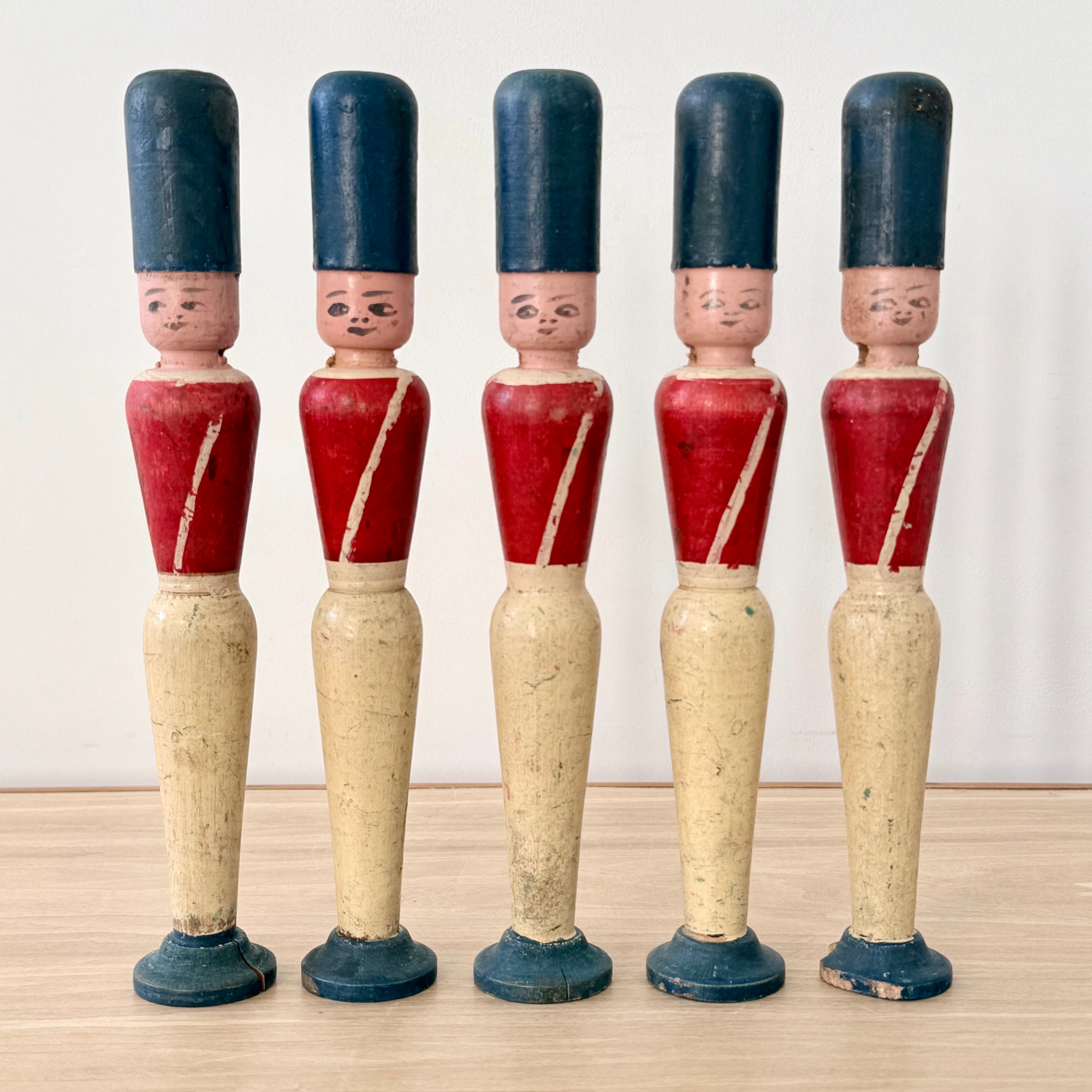 Vintage Wooden Skittles Pins 5 Guardsman Figures 24cm Folk Toy