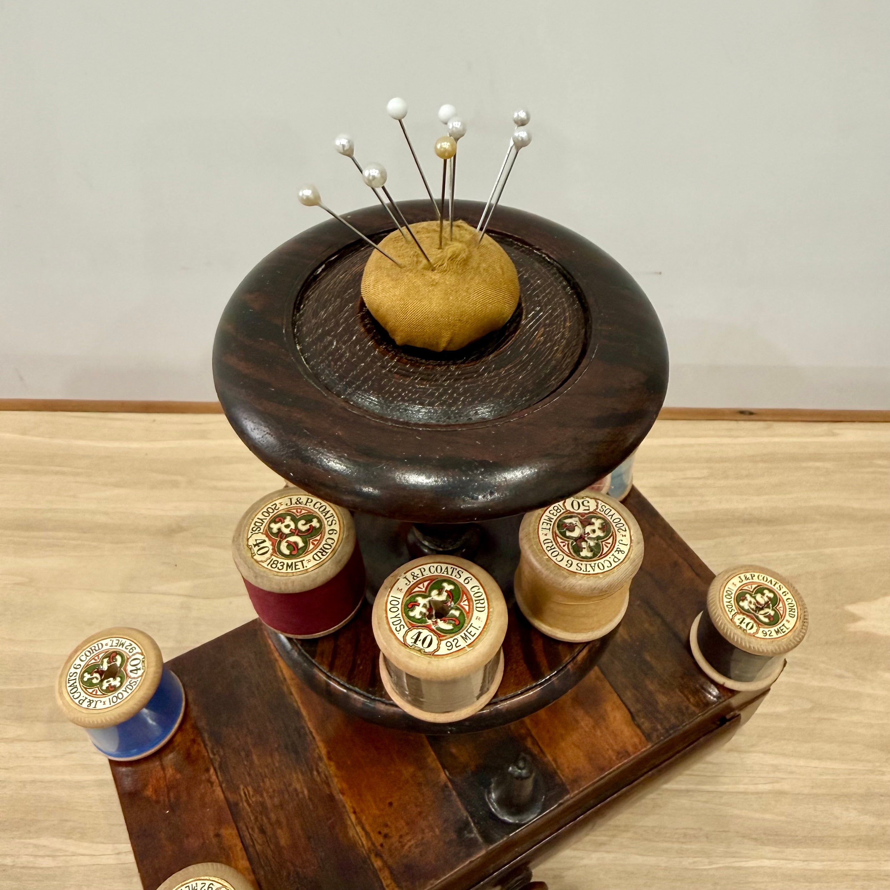 Antique Wooden Thread Spool Stand with Drawer and Silk Pin Cushion