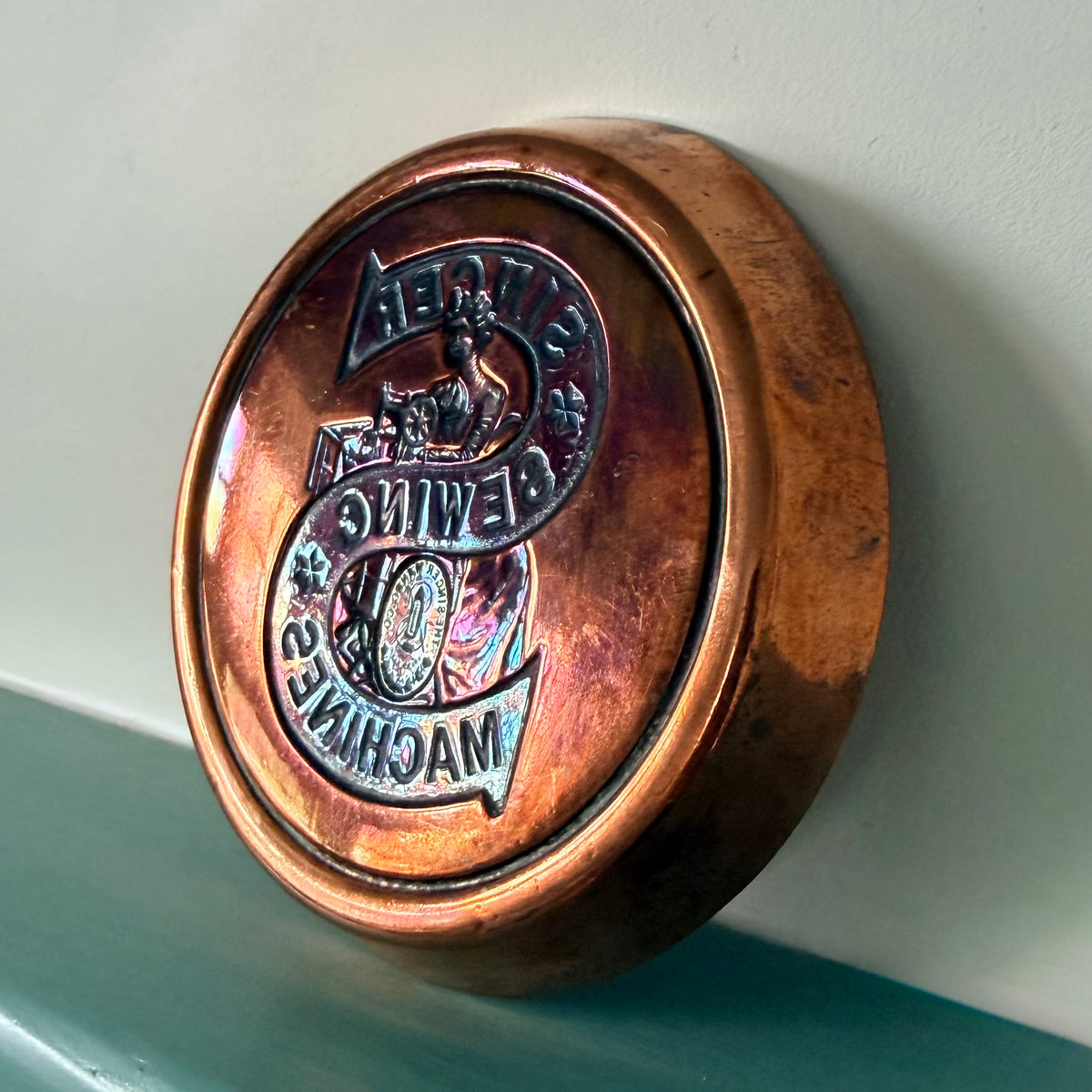 Vintage Singer Sewing Machines Embossed Copper Advertising Pin Dish