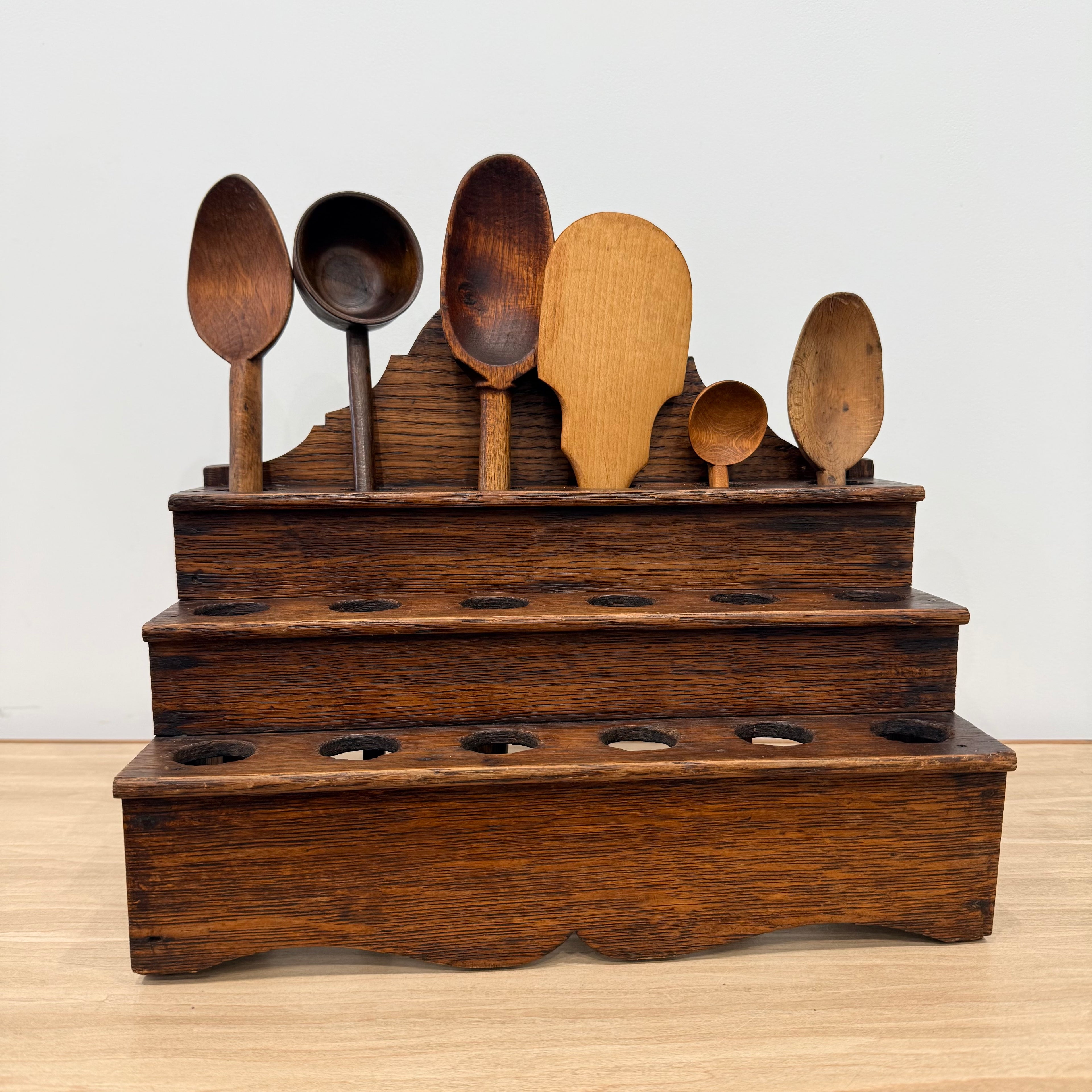Antique Welsh Cawl Spoon Rack Oak Treen 3 Tier Peg Wall Shelf