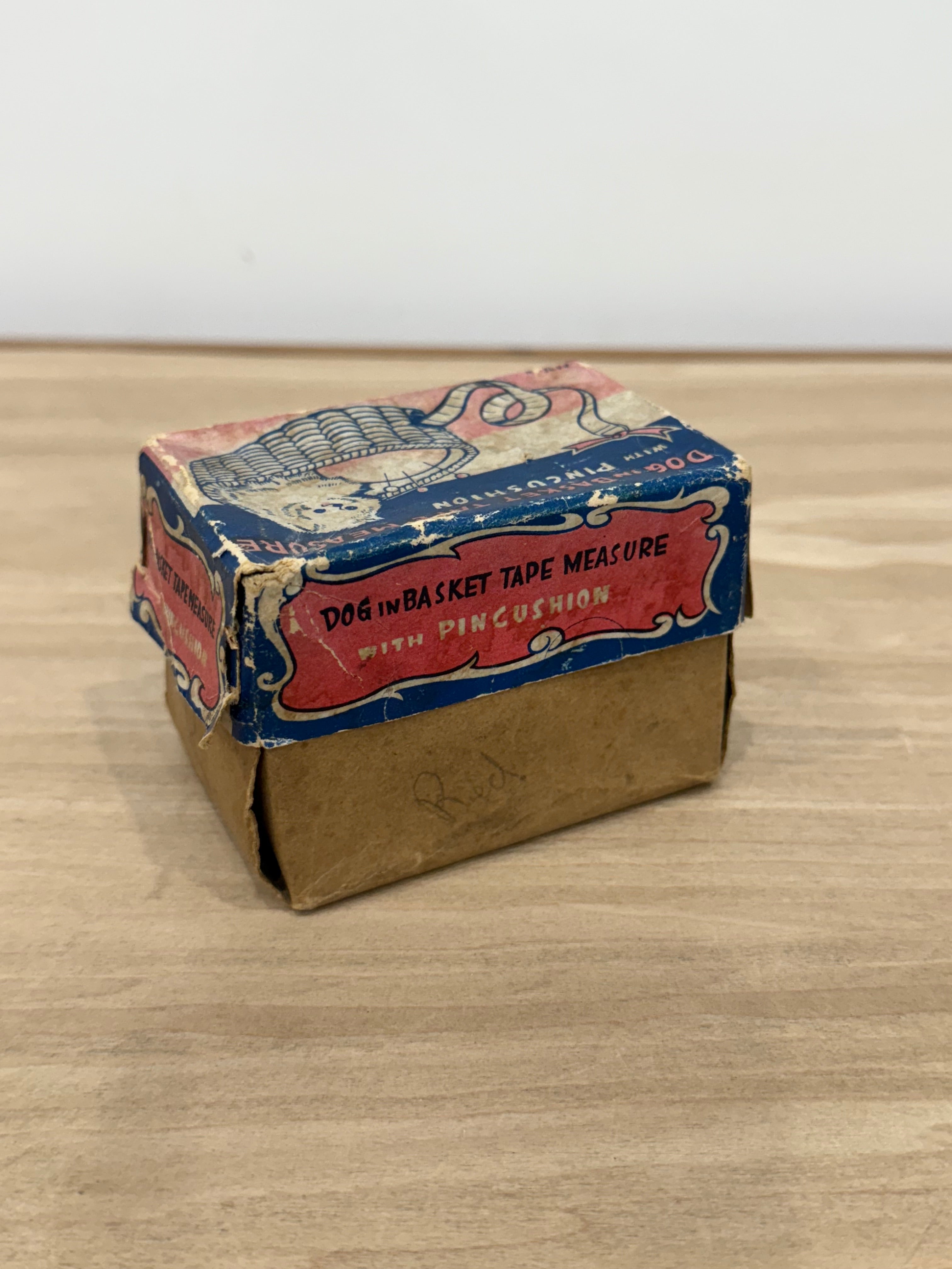 Vintage Dog in Basket Tape Measure & Pincushion, Boxed, Working 36”